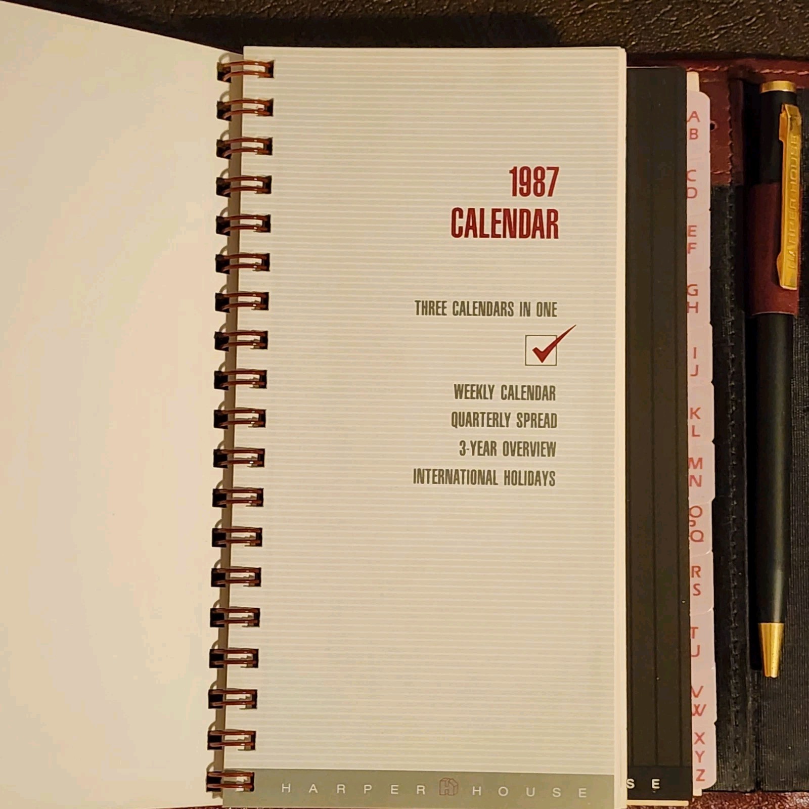 Vintage 1987 Harper House Genuine Leather Small Planner Agenda Burgundy w/ Pen