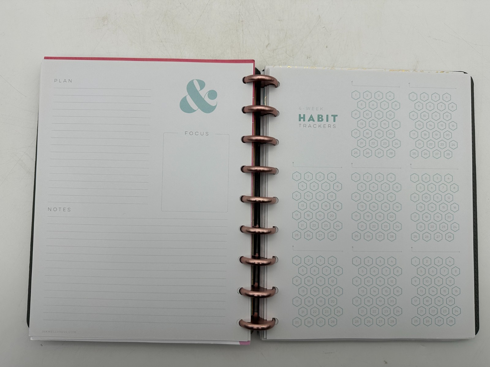 Inkwell Press Disc Bound Planner Grey Vegan Leather Cover Rose Gold Discs