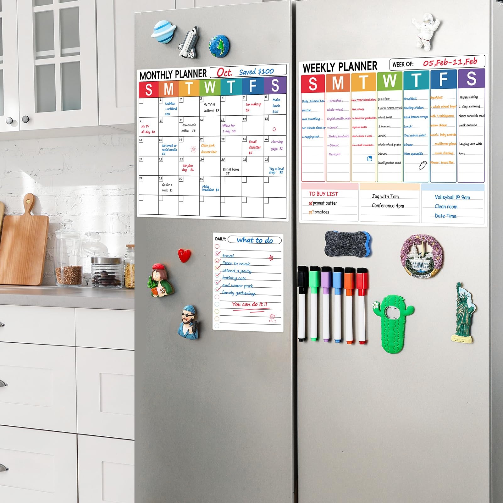 3 Pack Dry Erase Magnetic Calendar for Monthly & Weekly & Daily – Colorful