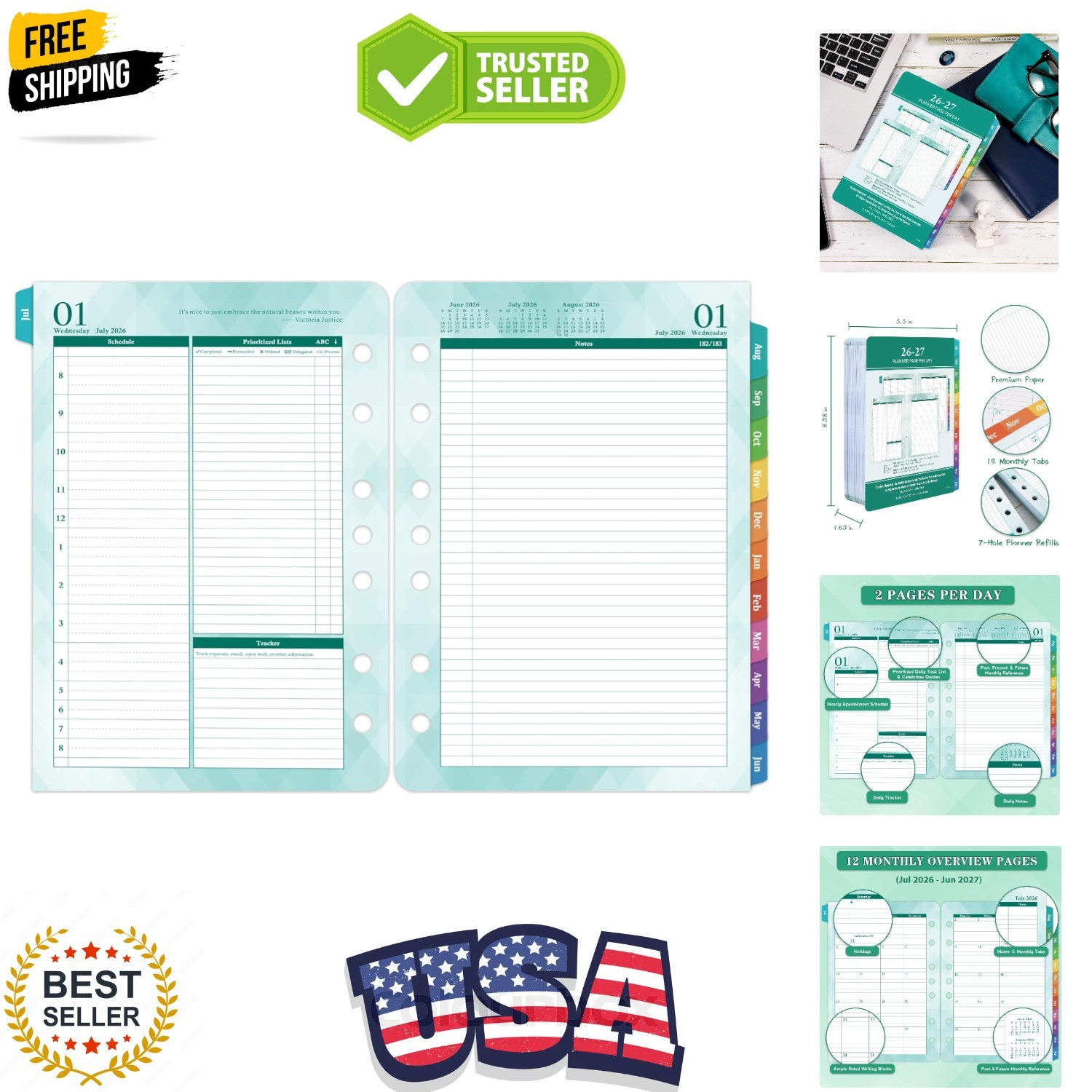 2026-2027 Planner Refills – Jul.2026 – Jun.2027, Two Pages Per Day Daily ＆ Mo…