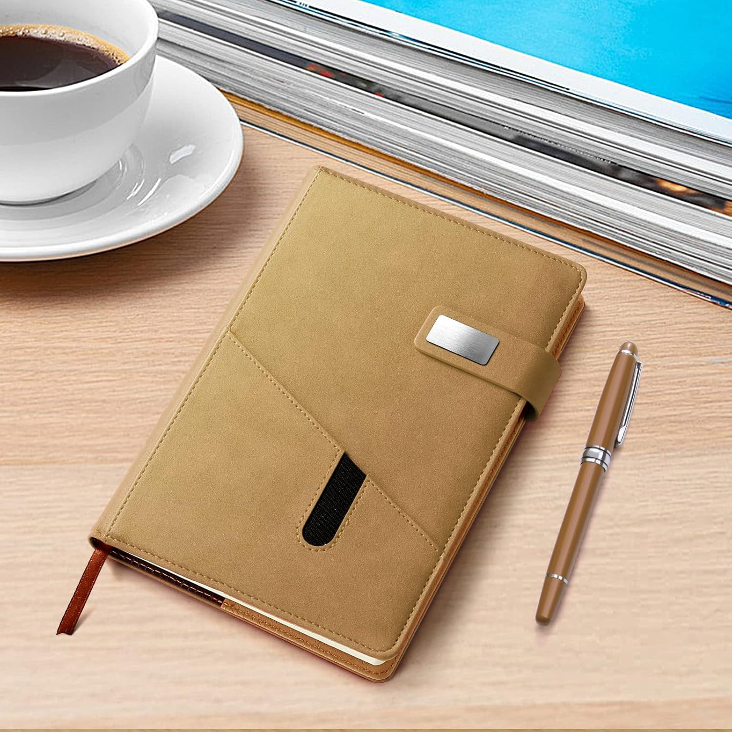 A5 Lined Leather Journal with Pen, 240 Pages Refillable Hardcover Notebook with
