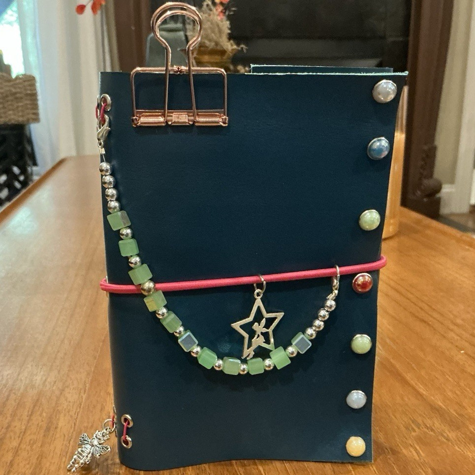 Genuine Leather Handmade Journal w/ Charms and 3 inserts A6 Teal Color