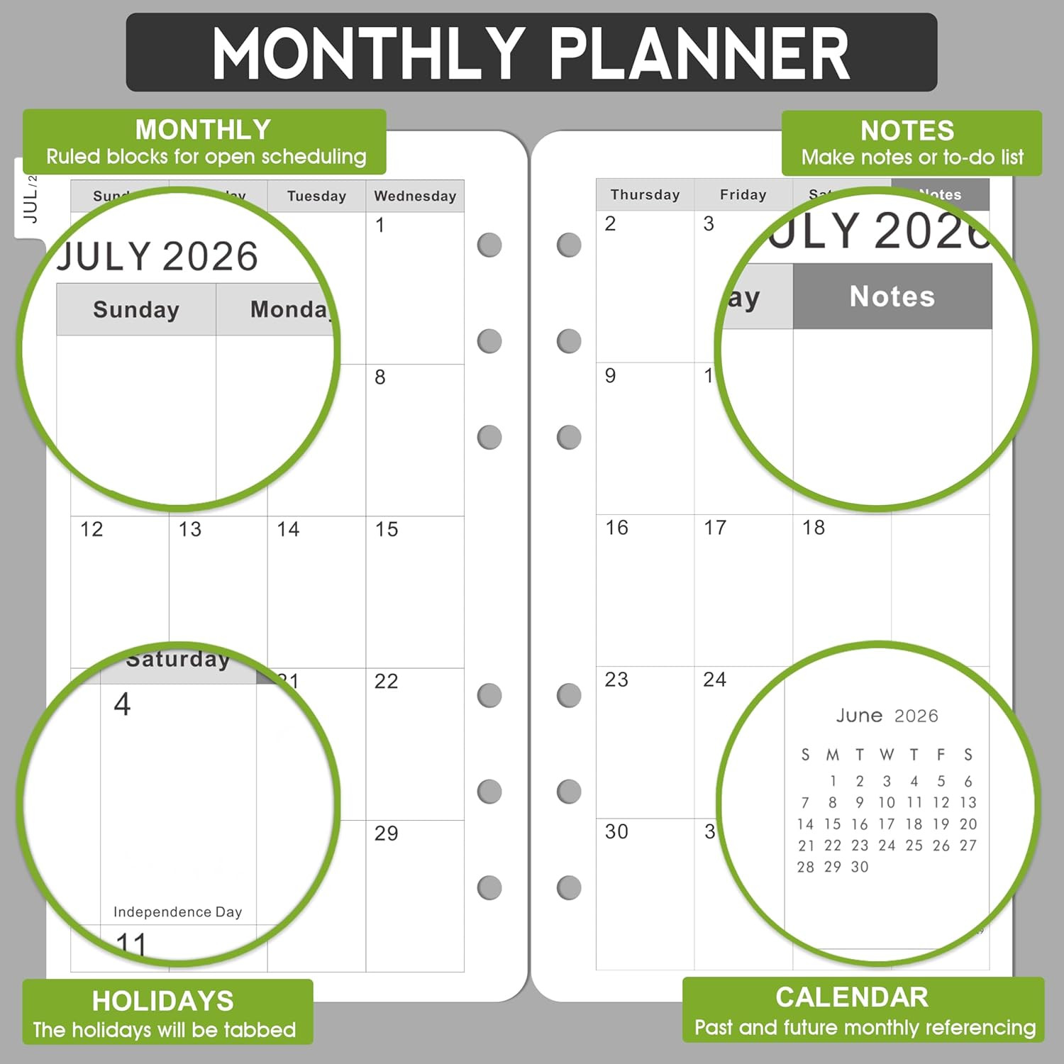 2026-2029 Monthly Planner Refill – A6 Size, Planner Inserts with 6-Hole Punched,
