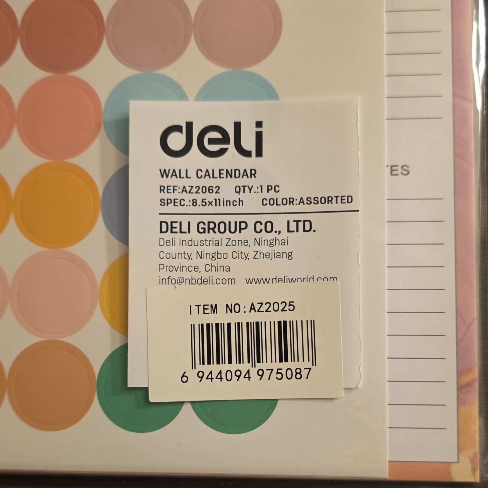 deli Wall Calendar 2026 Assorted Colors Model AZ2062 MPN AZ2025