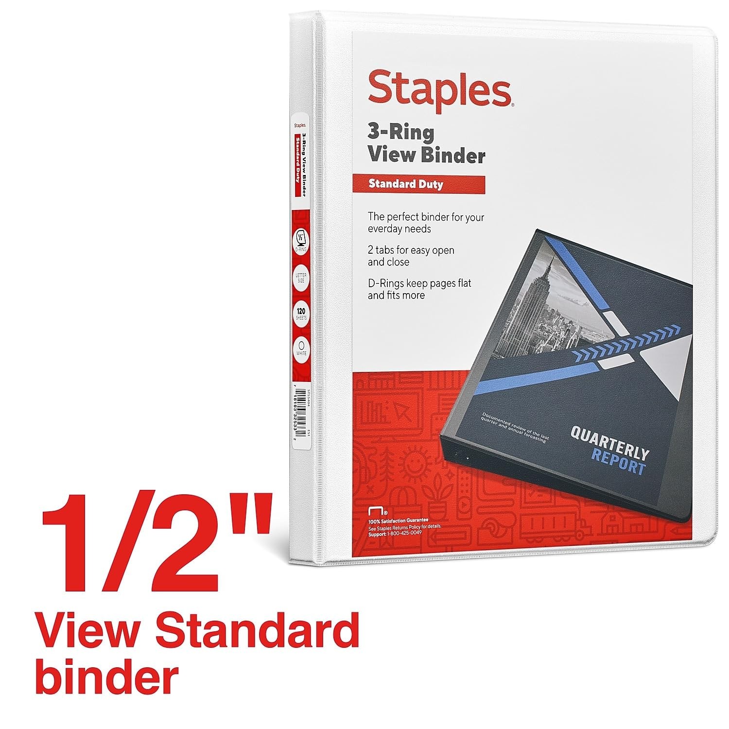 Staples Standard 0.5-Inch 3-Ring View Binder, Holds Up to 100 0.5-Inch, White