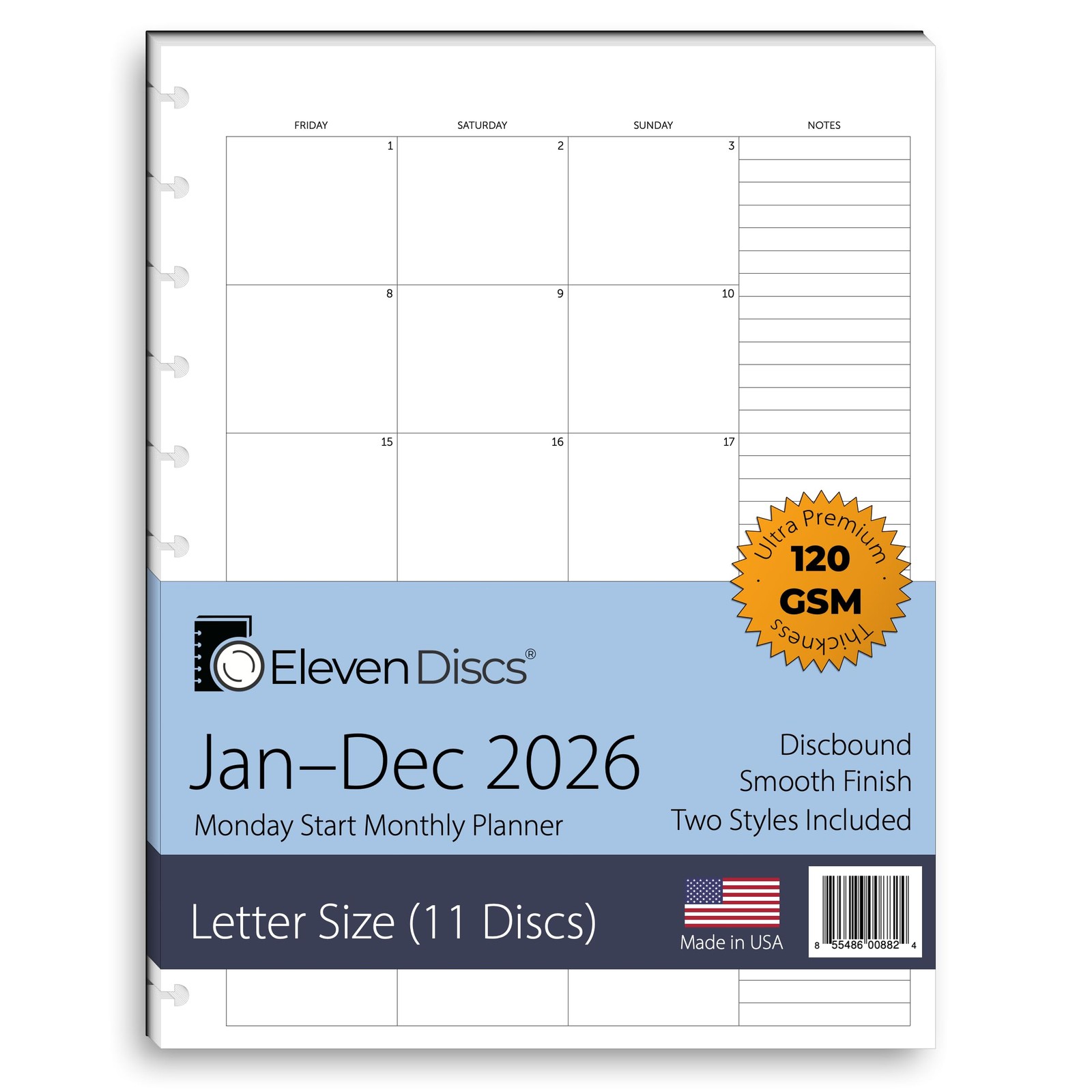 Eleven Discs Monthly Calendar Refill 2026 Jan-Dec 11-Disc Monday Start Letter