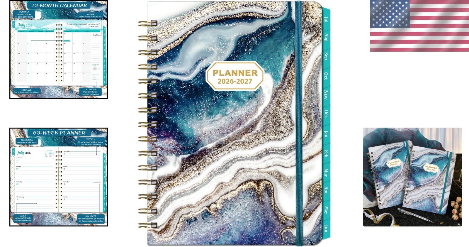2026-2027 Academic Planner Blue 8.5×6.4 inches Weekly Monthly Tabs Elastic Band