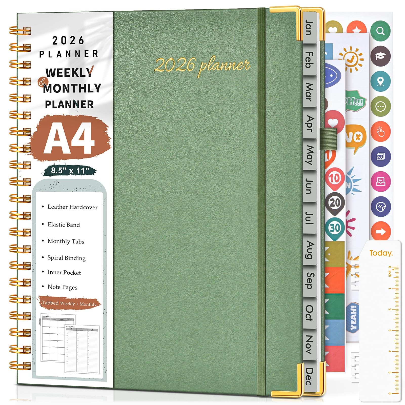 2026 Planner, Weekly and Monthly Calendar A4 (Jan 2026 – Dec 2026), Green