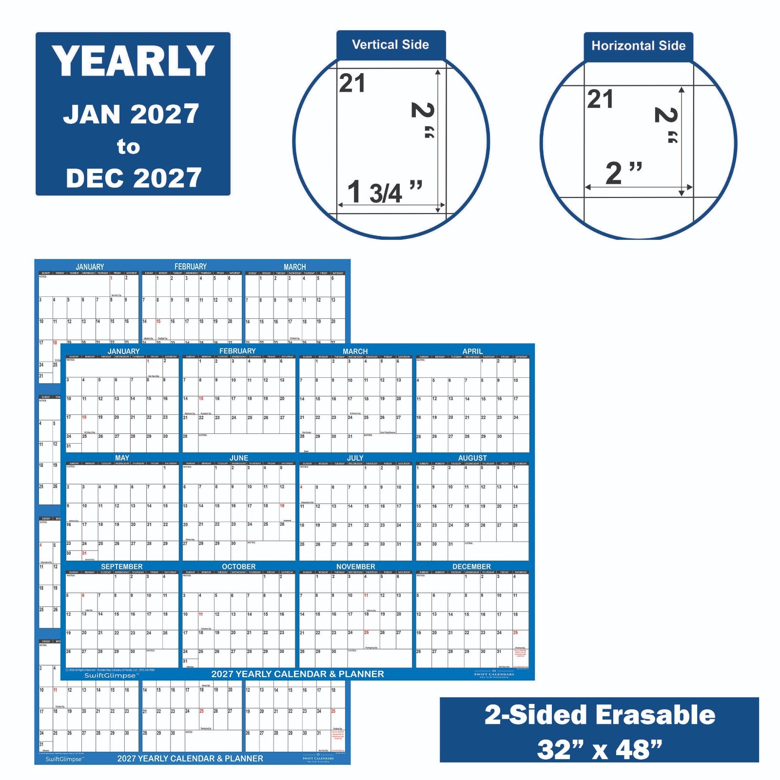 32″ x 48″ SwiftGlimpse 2025 Wall Calendar Erasable Yearly Wall Planner – NAVY