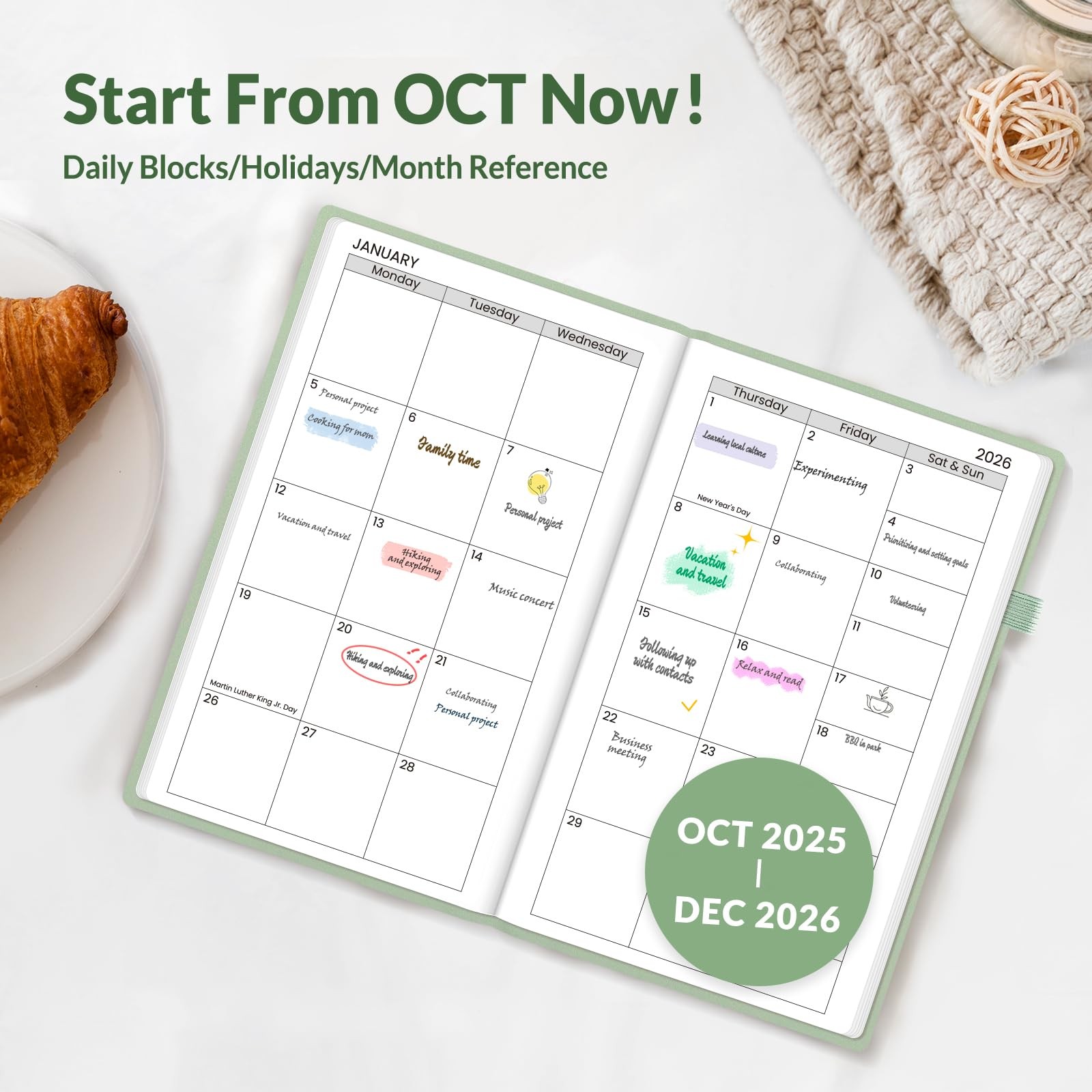 SUNEE 2026 Pocket Weekly Planner 3.5″x6″ Hardcover 12-Month Notes Sage Green