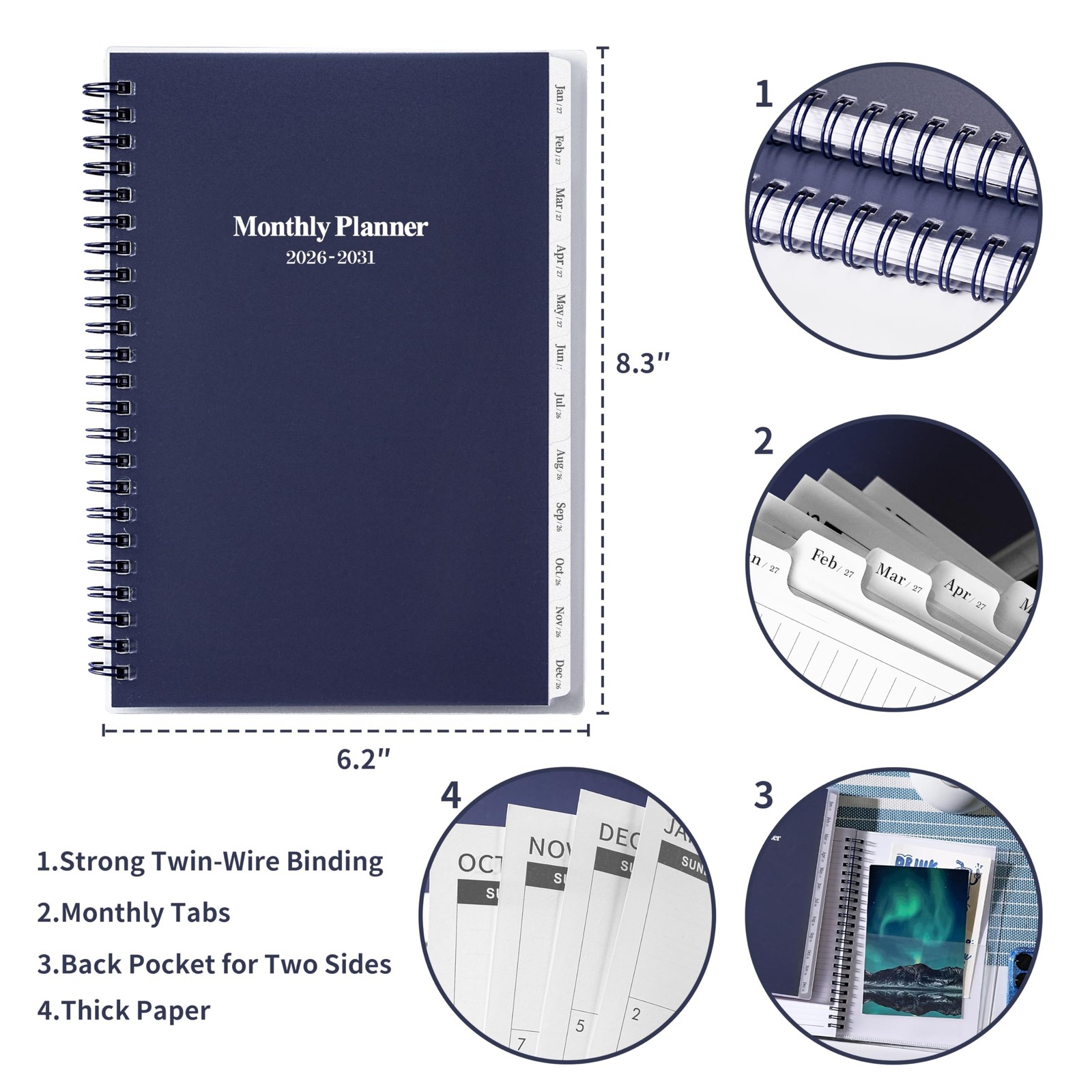 5 Year Monthly Planner 20262031 Tabs Thick Paper 6.4×8.5 Blue