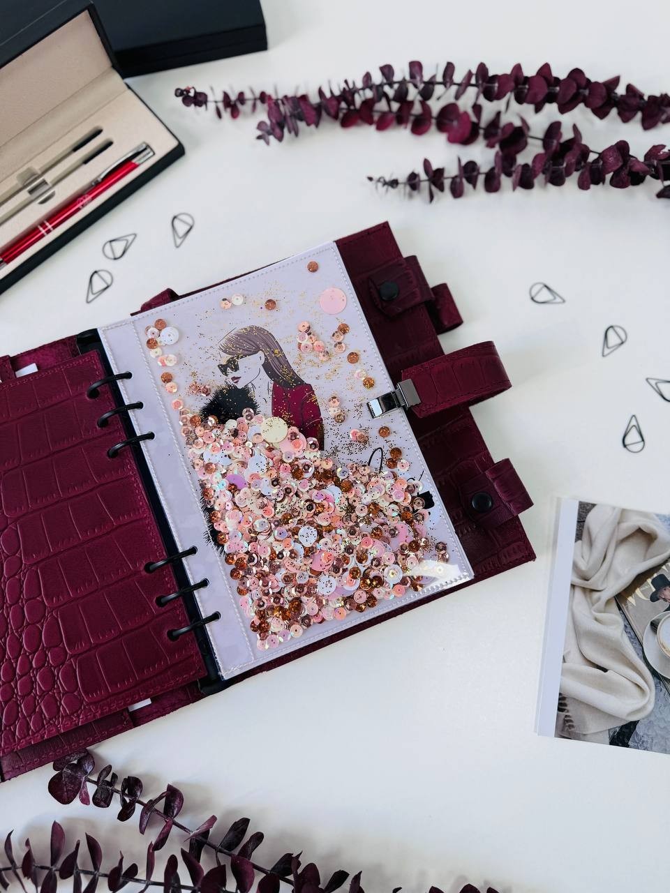 Burgundy Leather notebook cover A5 model 3in1 organizer.Lather planner binder.