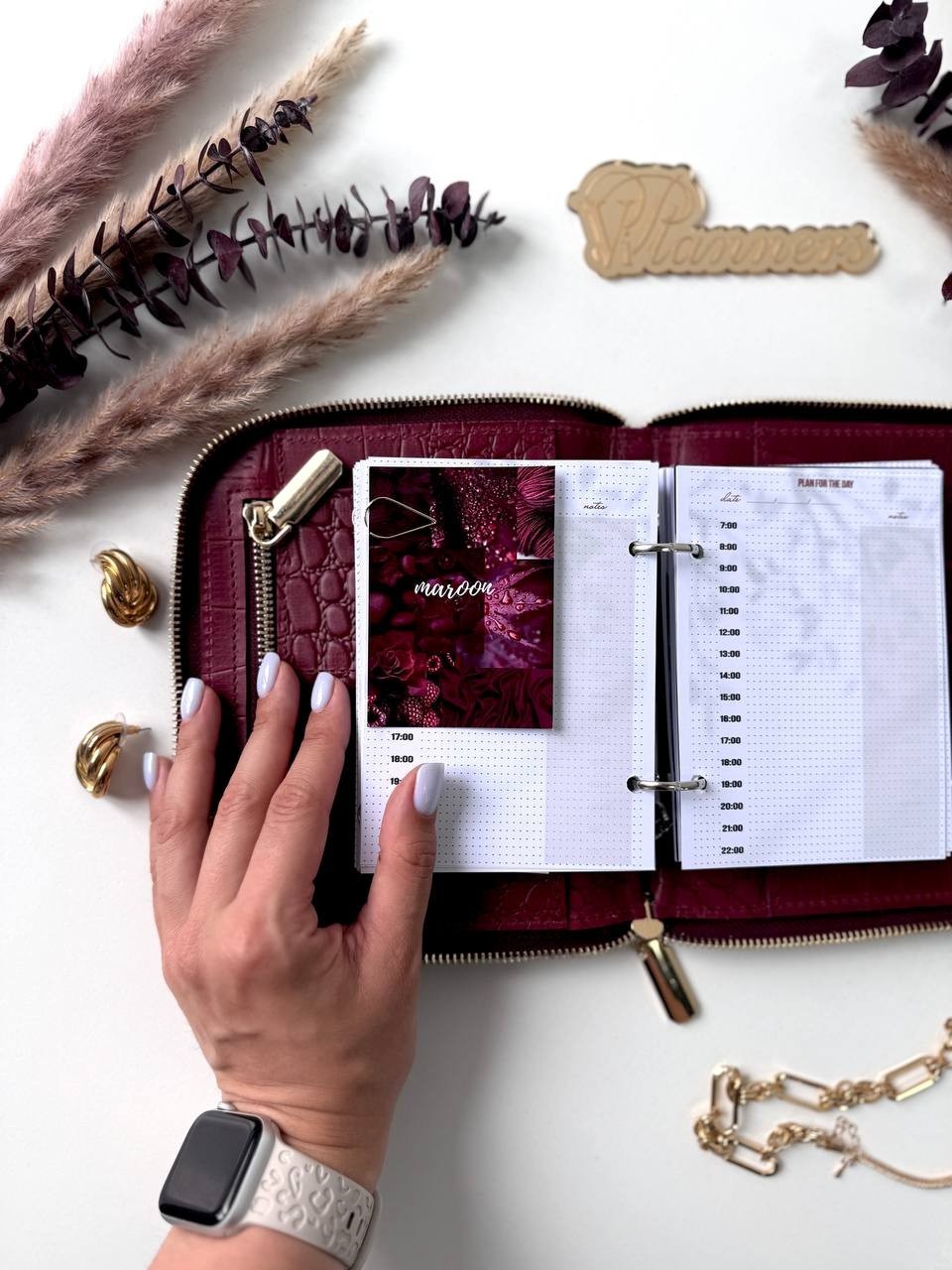 Luxurious Burgundy Genuine Leather A7 Pocket Planner – Golden Leopard Edition