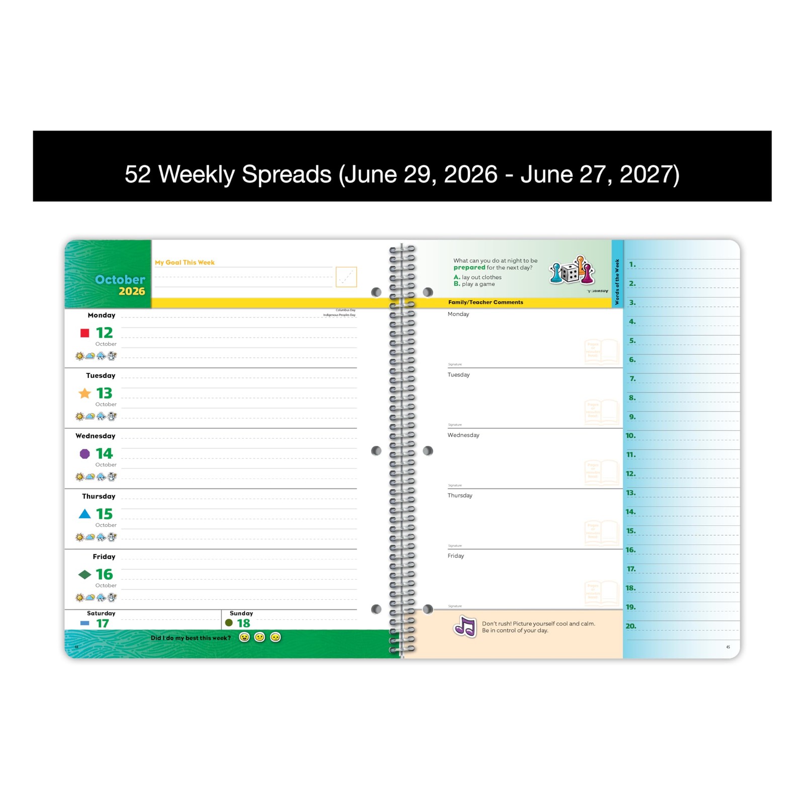 Academic Planner for Kids Ages 5-9, Primary Block Cover, 8.5″ x 11″, Green