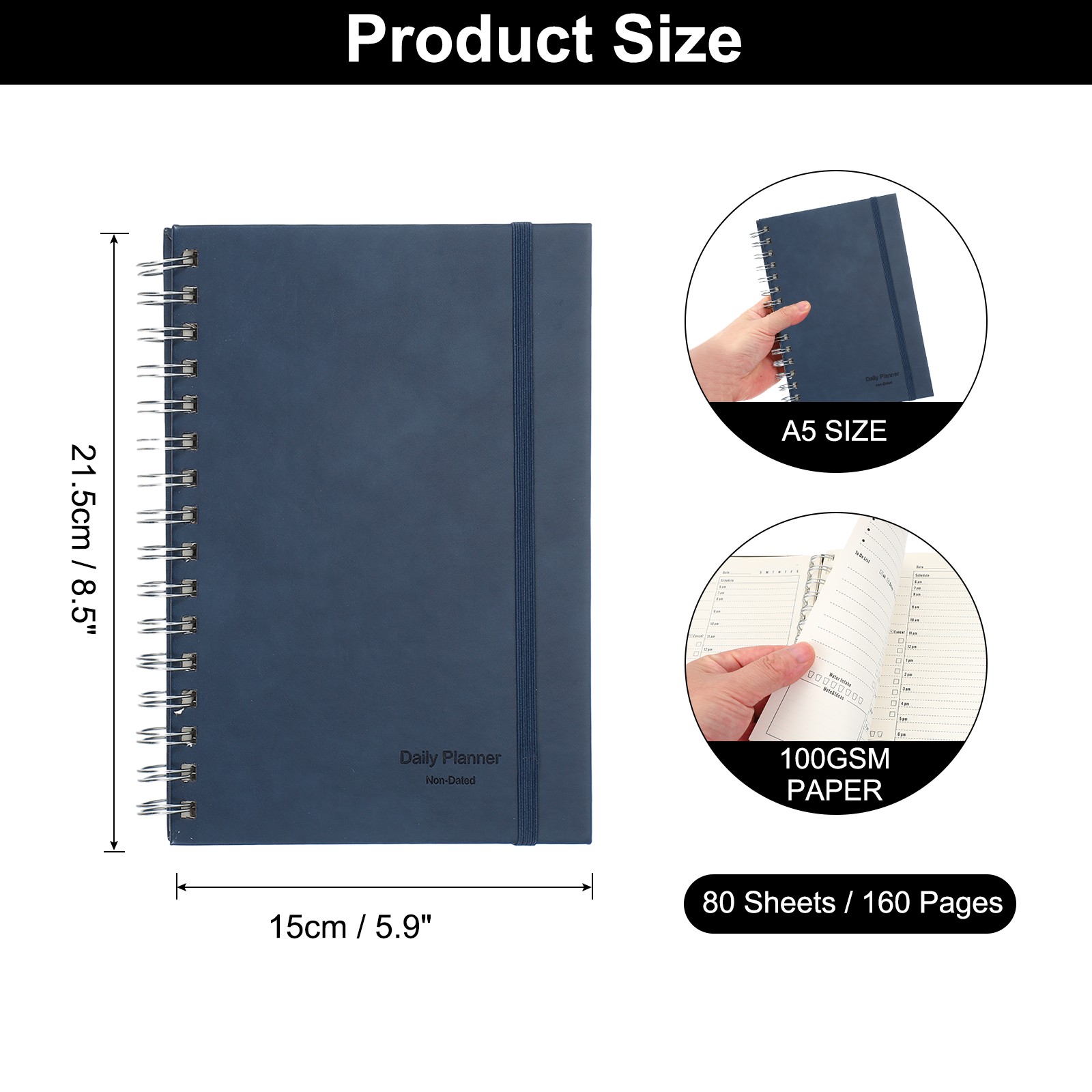 A5 5.5″x 8.5″ Undated Daily Planner with Hourly Schedule Inner Pocket, Navy Blue