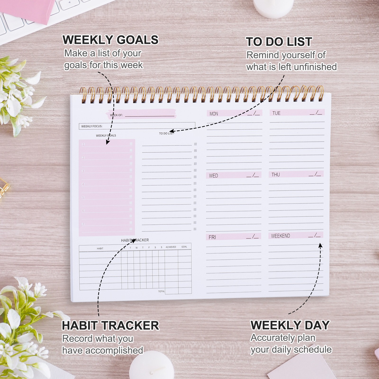 Weekly Goals Notebook, B5 10 x 8 Inches 53 Sheets to Do List Planner, Pink 1