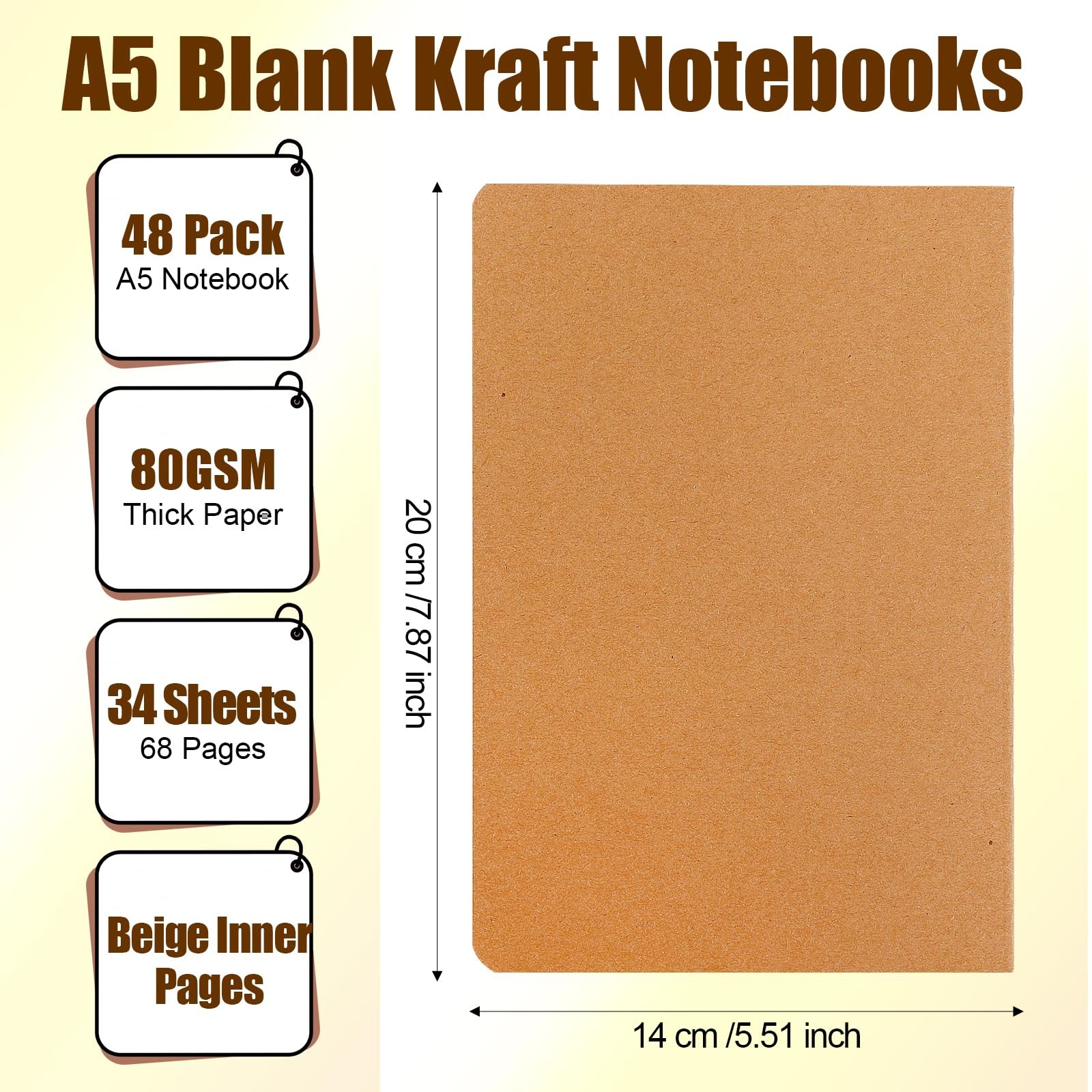 Dyrfolm 48 Pcs Blank Kraft Notebooks, 8.3 X 5.5 Inch Travel Journal Set, A5