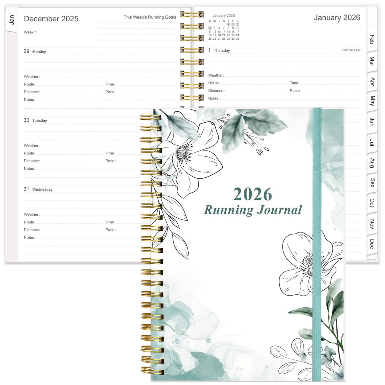 2026 Running Journal, Runner’s Day-by-Day Log 2026, 12 A5, Teal Flowers