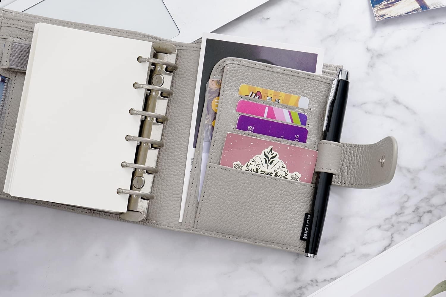 Pocket Luxe Planner – Genuine Leather Organizer with 30mm Rings in Pebble-Gray