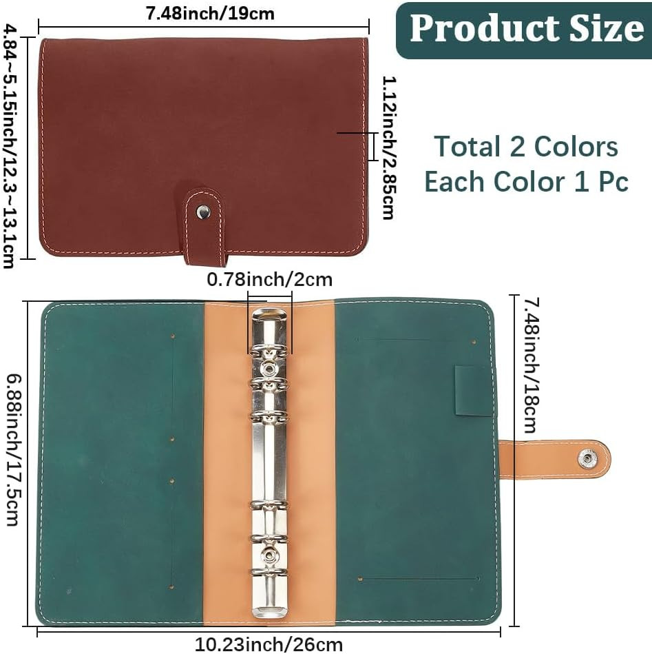 2PCS 2 Colors Refillable 6 Ring Loose Leaf Planner Binder A6 PU Leather Travel J