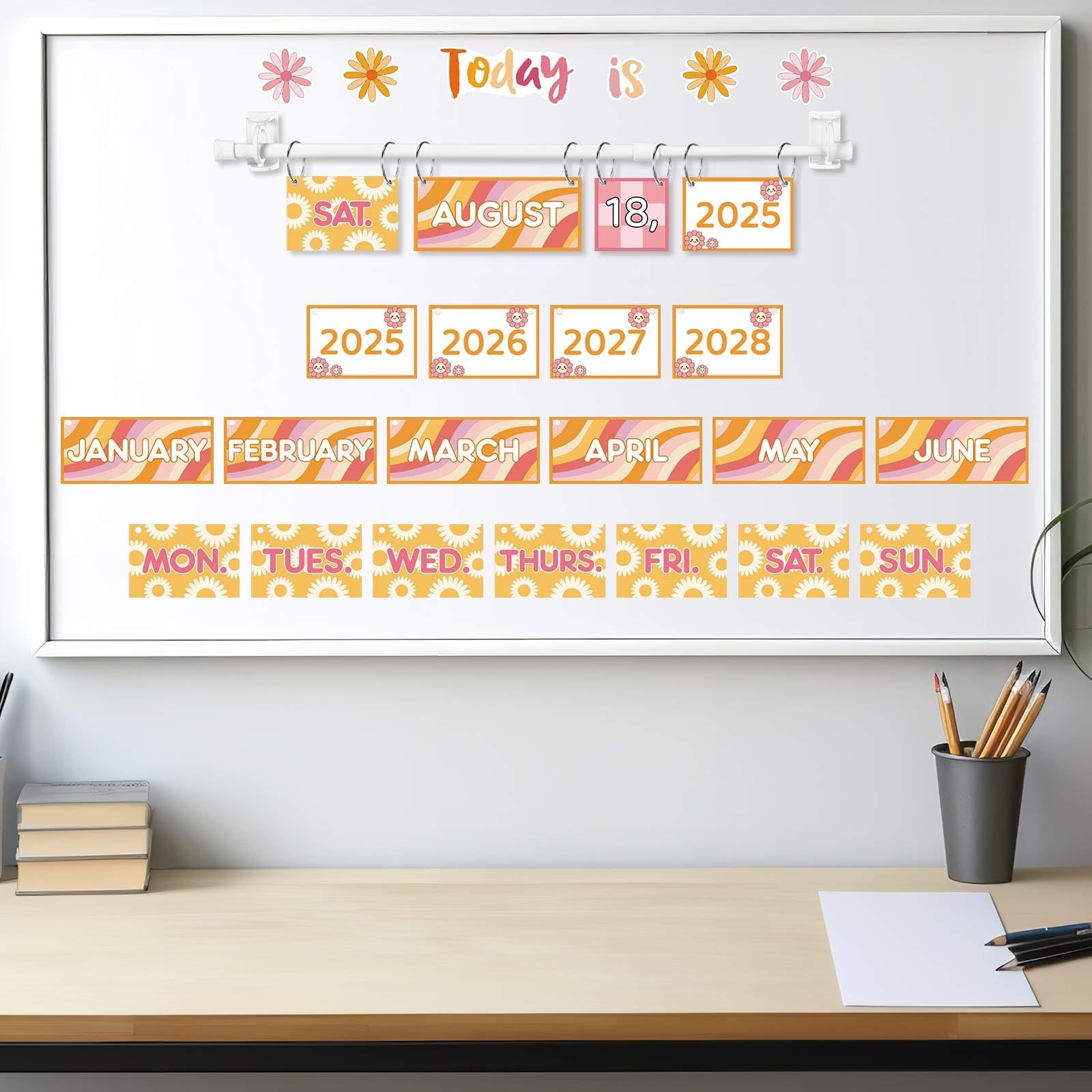 Pink Daisy Flip Classroom Calendar 54 Date Cards Adjustable Holder Bulletin