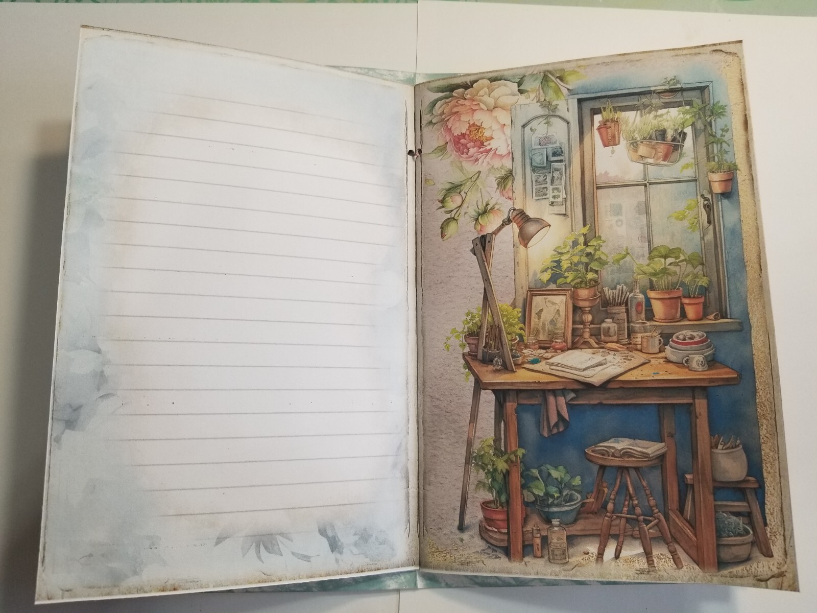 Junk Journal Blank Booklet “ARTIST’S STUDIO” HANDMADE PAINTING LG 8.5″x5.5″ 40pg