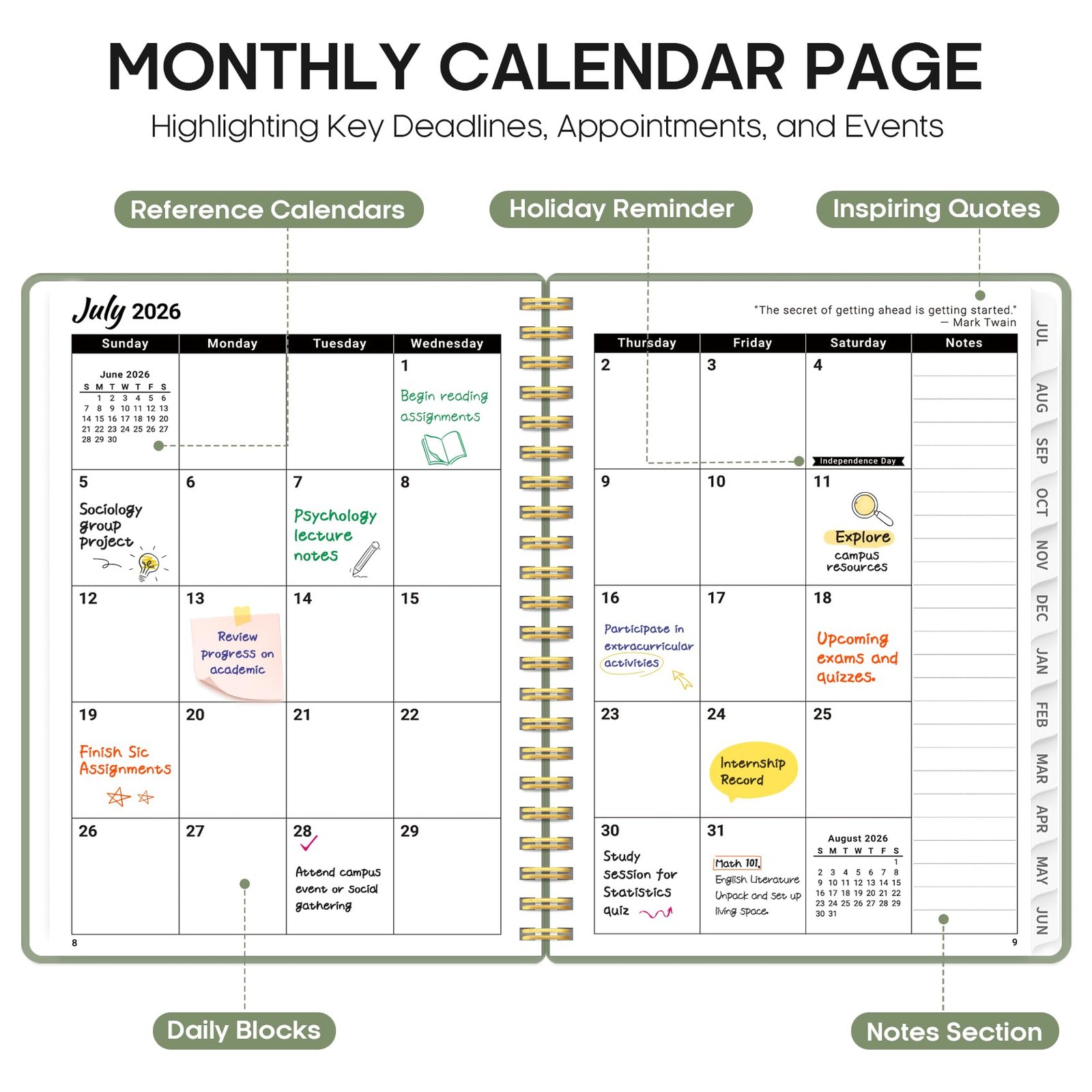 Planner 2026-2027, 8.5″ x 11″ Weekly and Monthly A4(8.5″x11″), A-Green