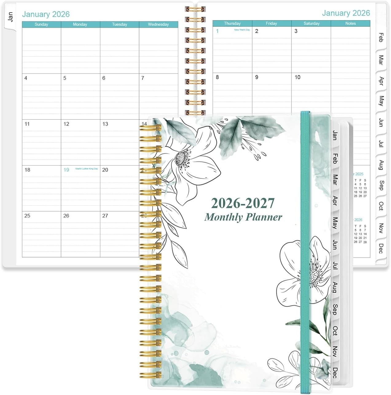 Stylish 2026-2027 Planner – Tabbed Monthly Layout with Ruled Pages, Teal Floral