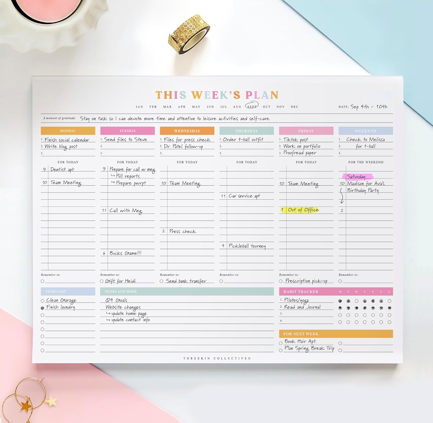 ThreeKin Weekly Planner – Premium 52-Sheet Tear-Off Notepad, 8.5 x 11 inches, Cl