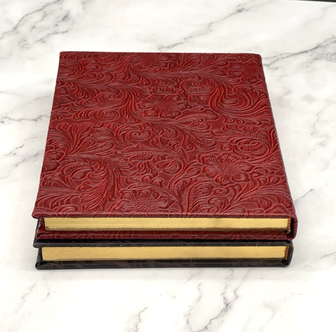 Set of 2 Leather Embossed Hard Cover Journal Notebook Gold Pages Travel Writing