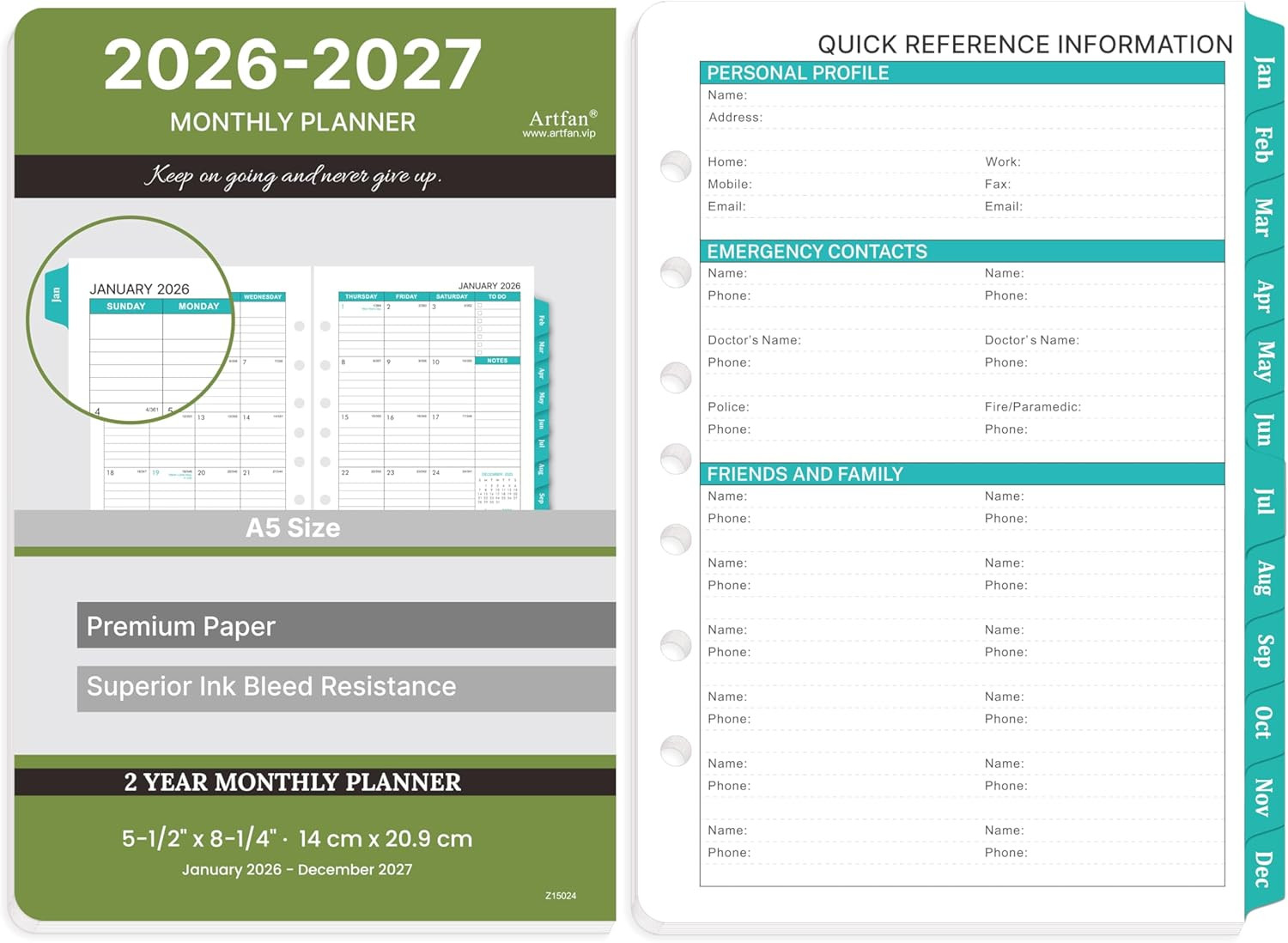 2026-2027 Monthly Planner Refill – Planner Inserts with 7-Hole Punched, 5-1/2″