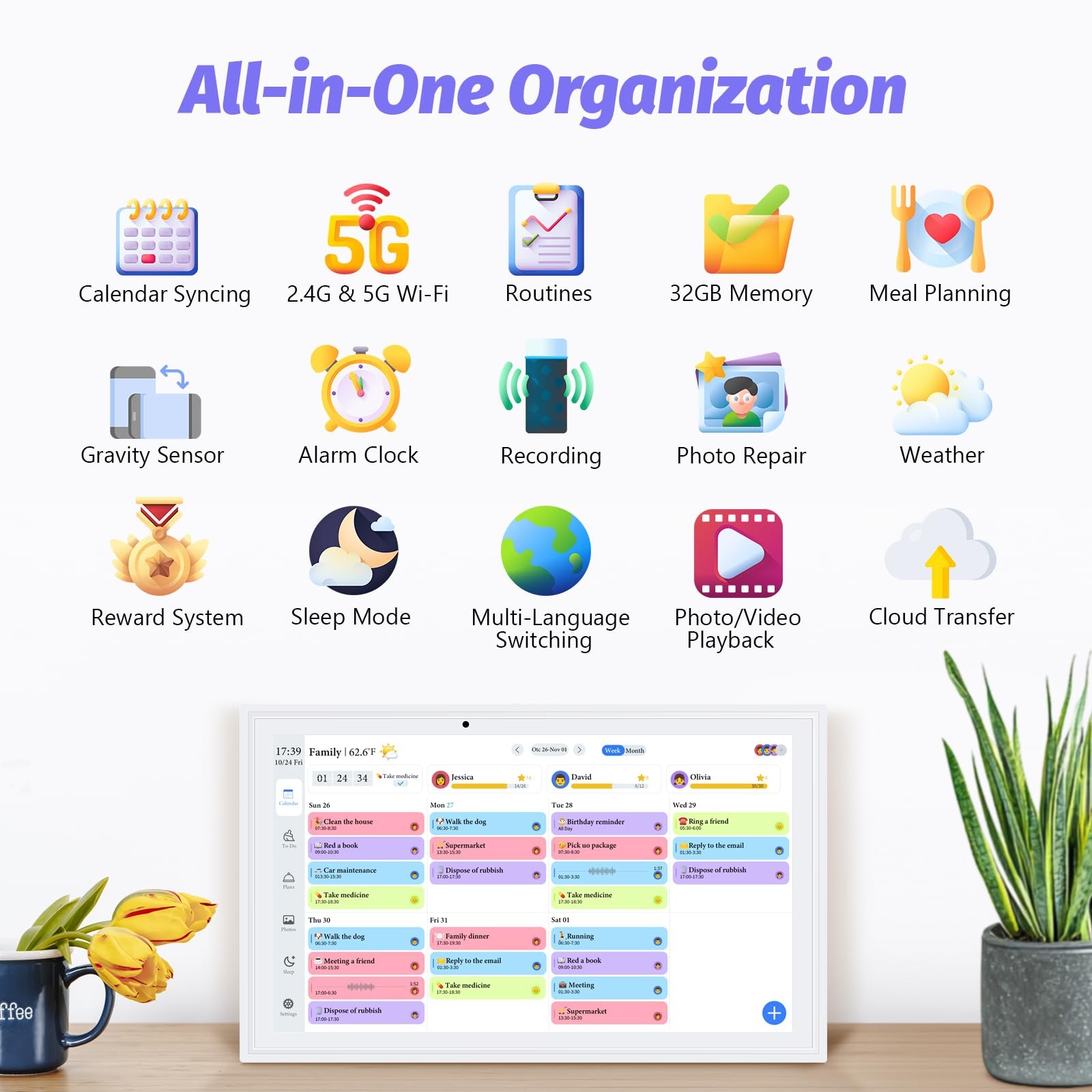 OcePor 15.6 Inch Digital Calendar, Electronic Calendar Chore Chart, White-1