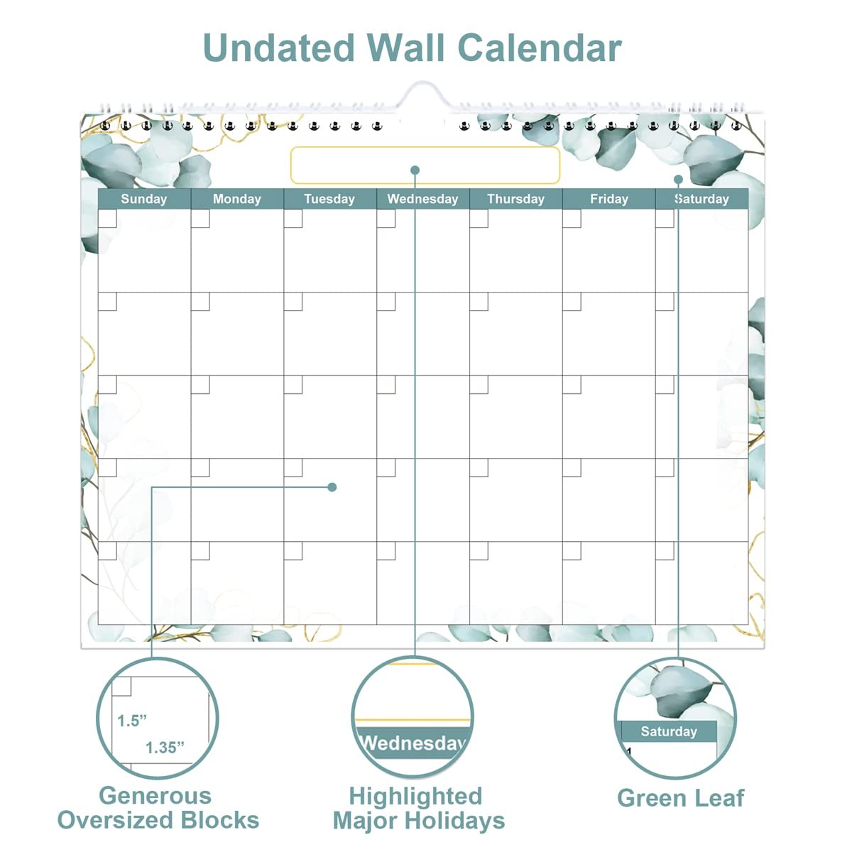 Undated Wall Calendar for 2026 or Any Year – 8.5″ x 11″, Leaf
