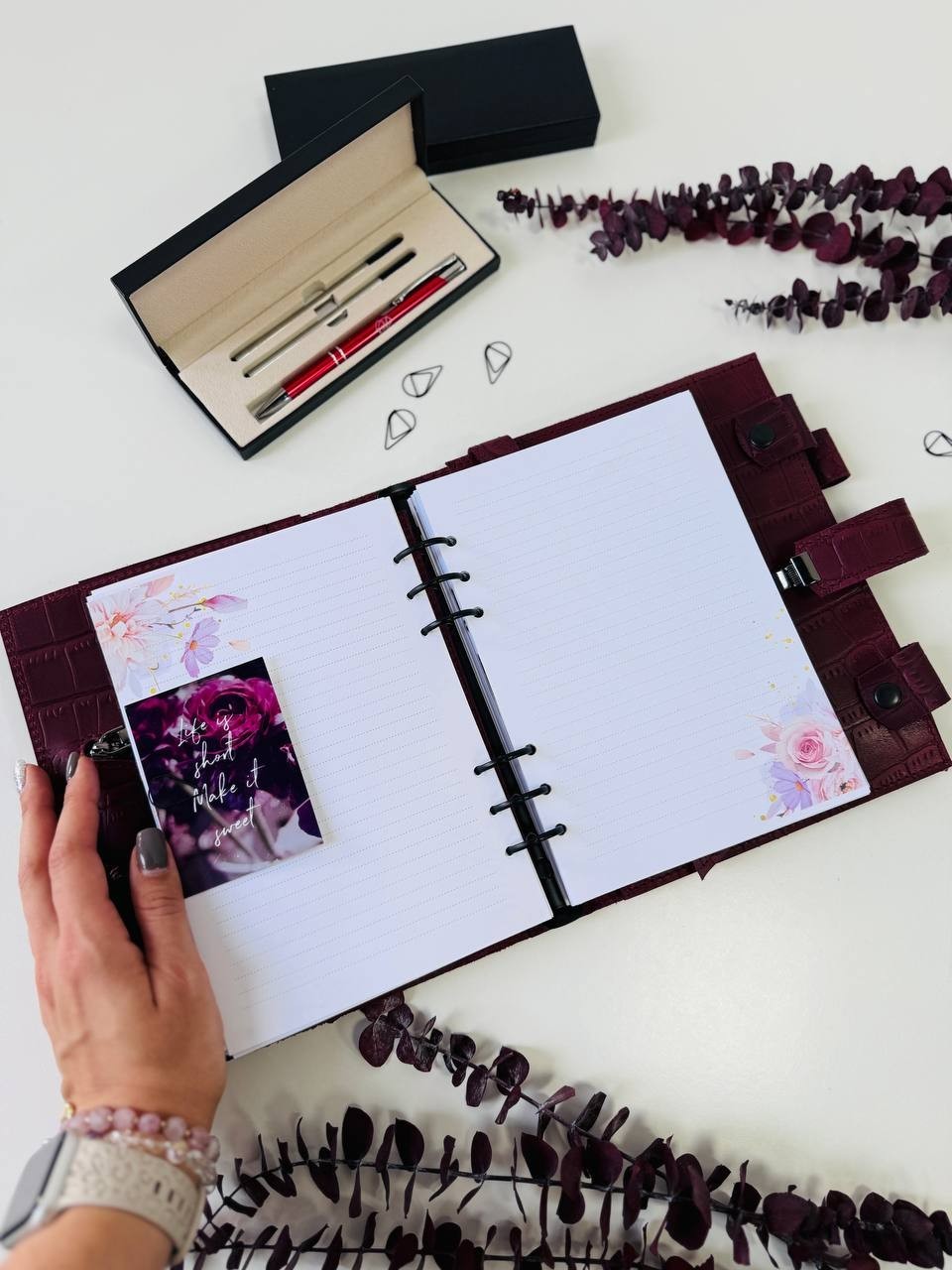 Burgundy Leather notebook cover A5 model 3in1 organizer.Lather planner binder.
