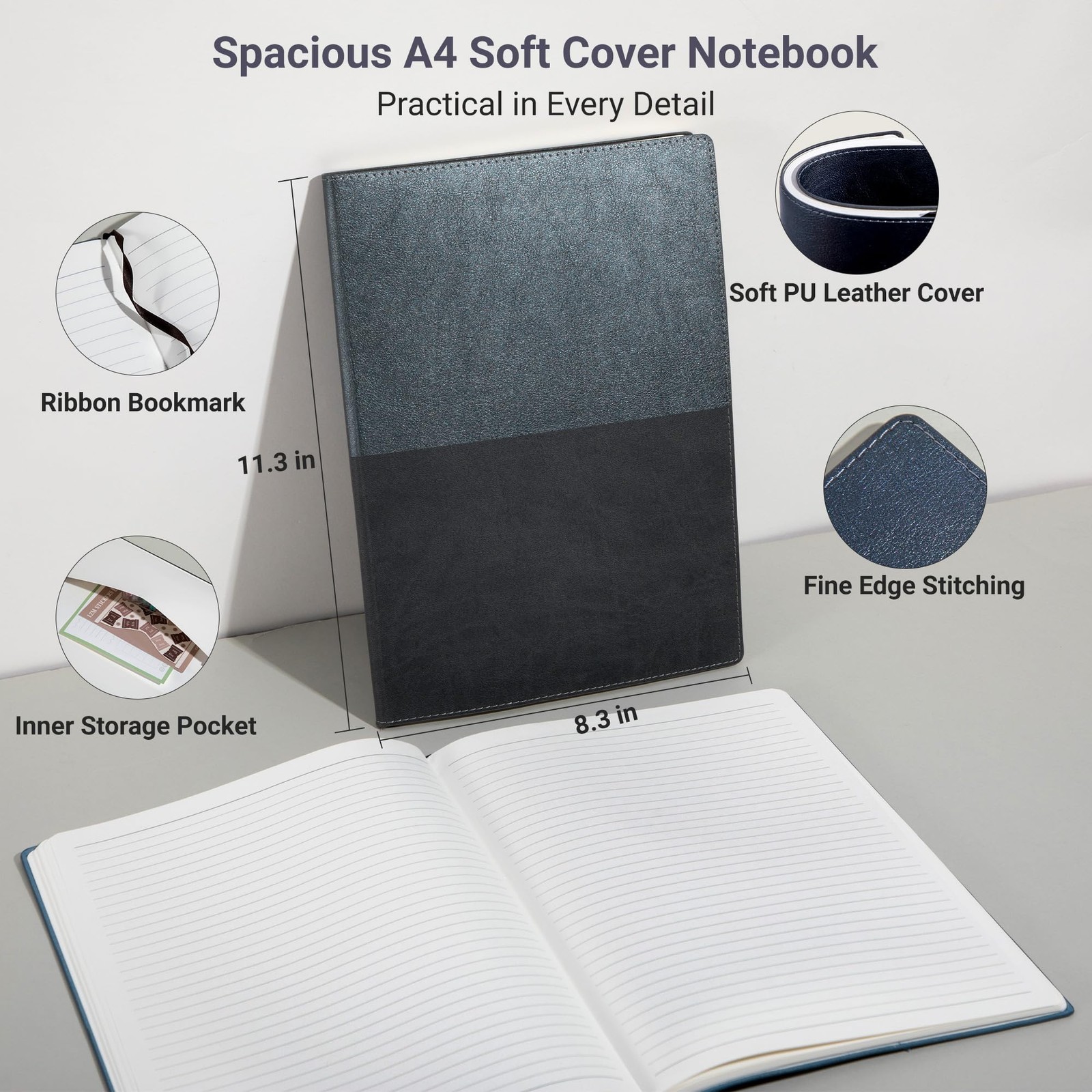 College Ruled Notebook, A4 Color-Block Softcover PU Leather Notebook for Work…