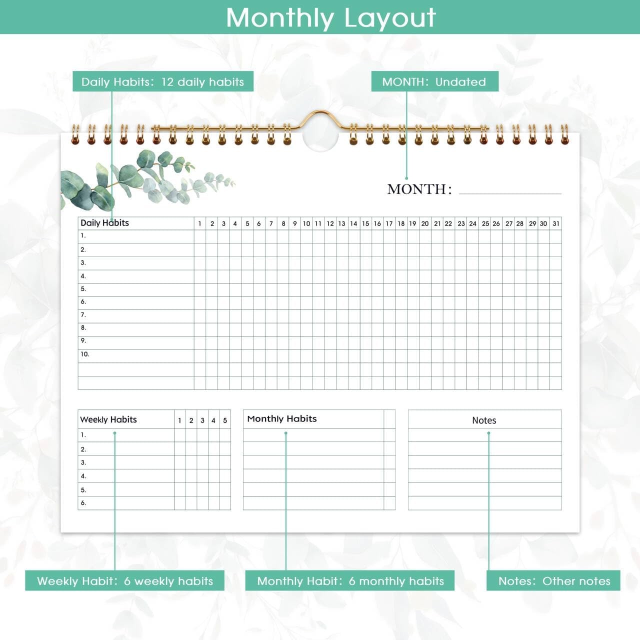 Habit Tracker Calendar – 12 Months Undated Daily Planner, 8″x10″, Weekly & Month