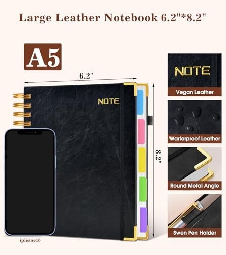 Hardcover Spiral Notebook with Removable Dividers Tabs, 300 pages Leather 5 S…