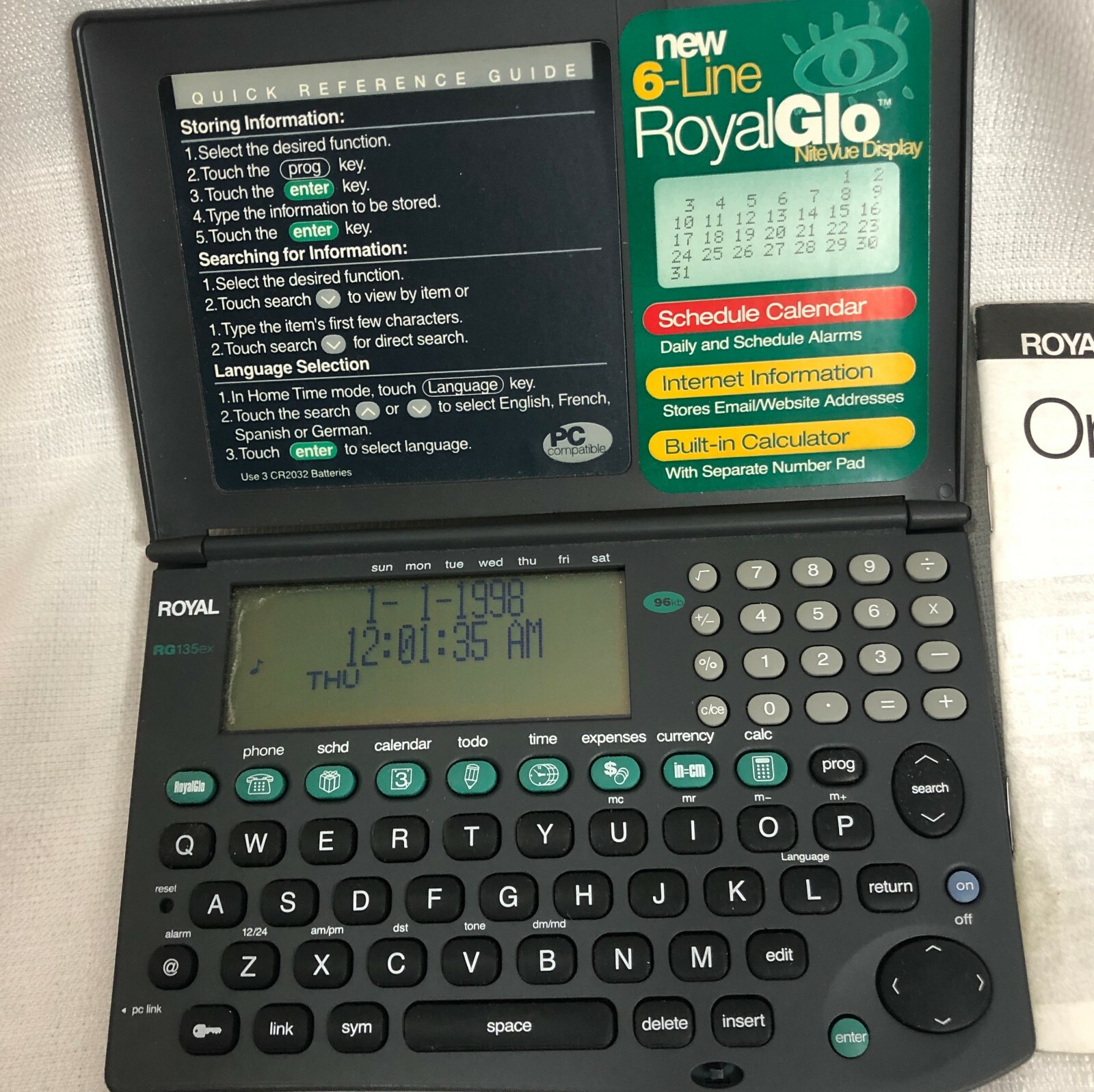 Royal RG 135EX RoyalGlo Display Personal Organizer Manual Batteries