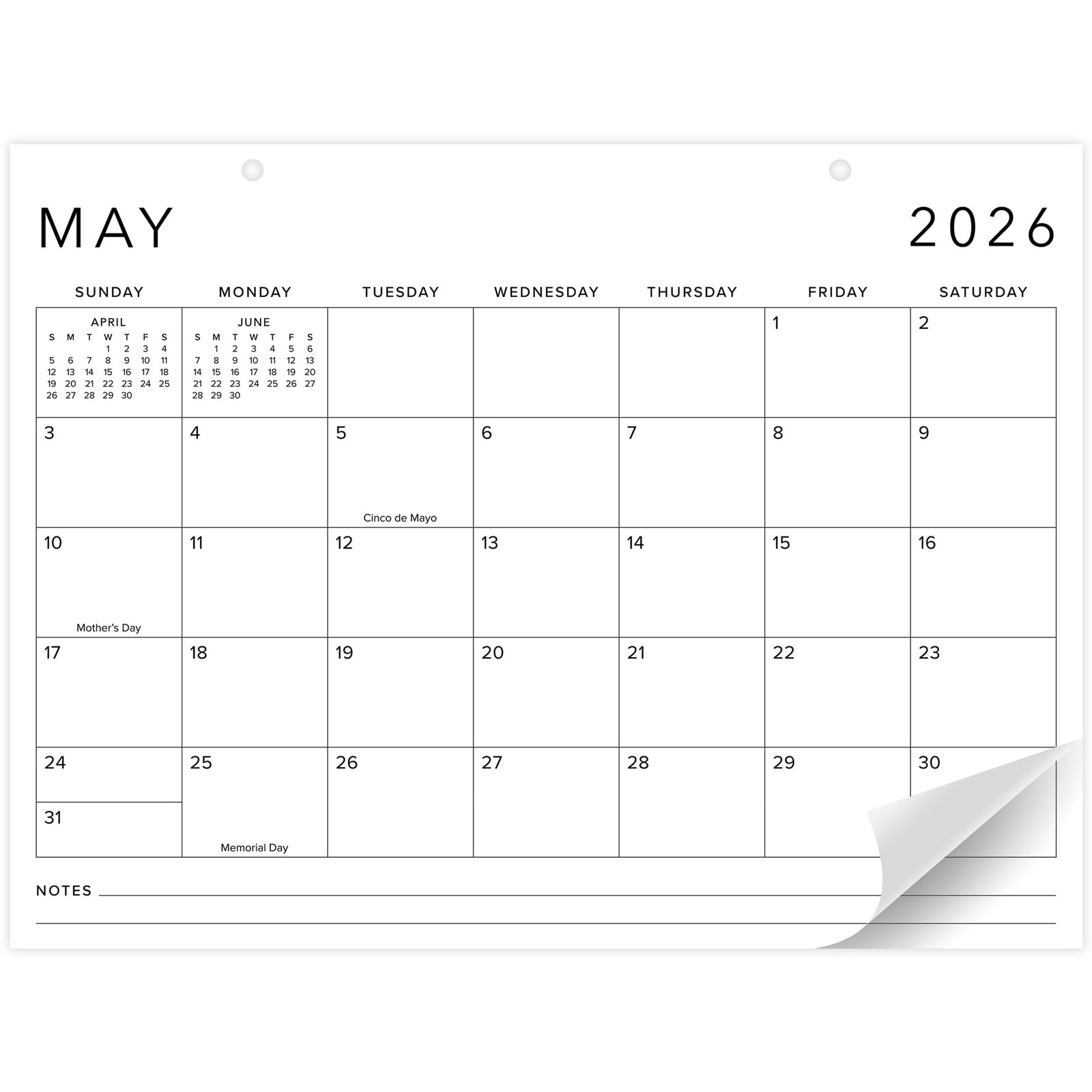 White Black 2026 Desk Calendar 16 x 12 Inch January to December