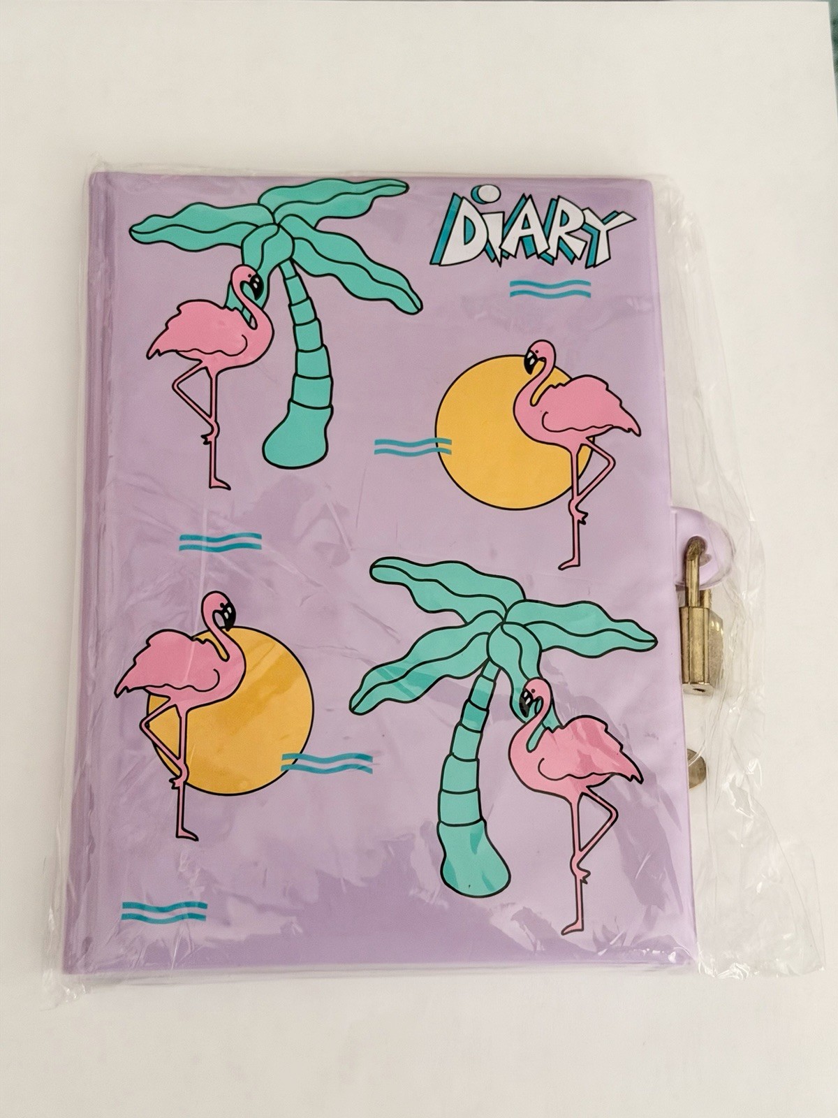 New VINTAGE 1990’s Girls Pink Flamingo Purple Plastic DIARY Journal Lock & Key