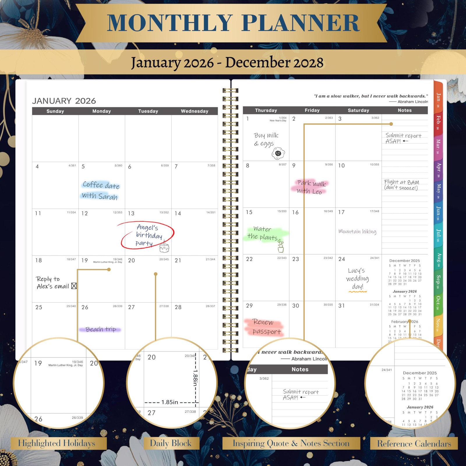 2026-2028 Monthly Planner/Calendar – January 2026 – 9” × 11”, navy blue