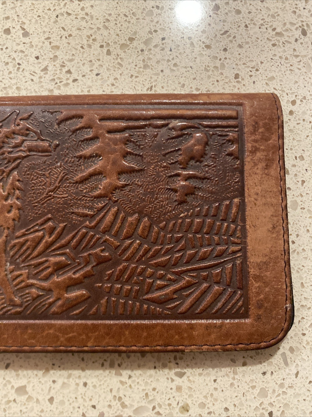 Oberon Design Pebbled Leather Check Book Cover – Brown With Wolf