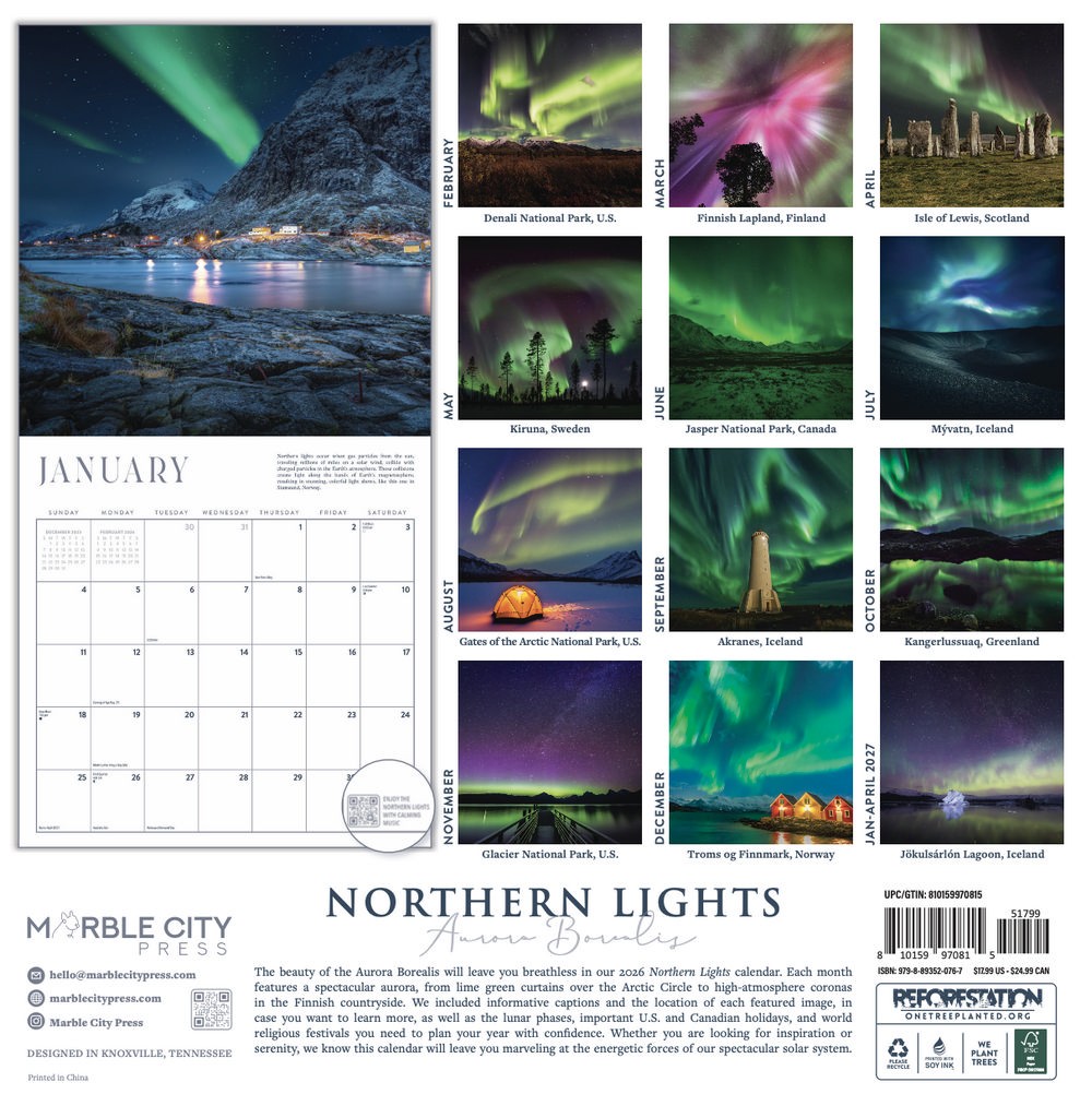 Northern Lights Calendar 2026 | 12″ x 24″ 12 Month Calendar | Marble City Press