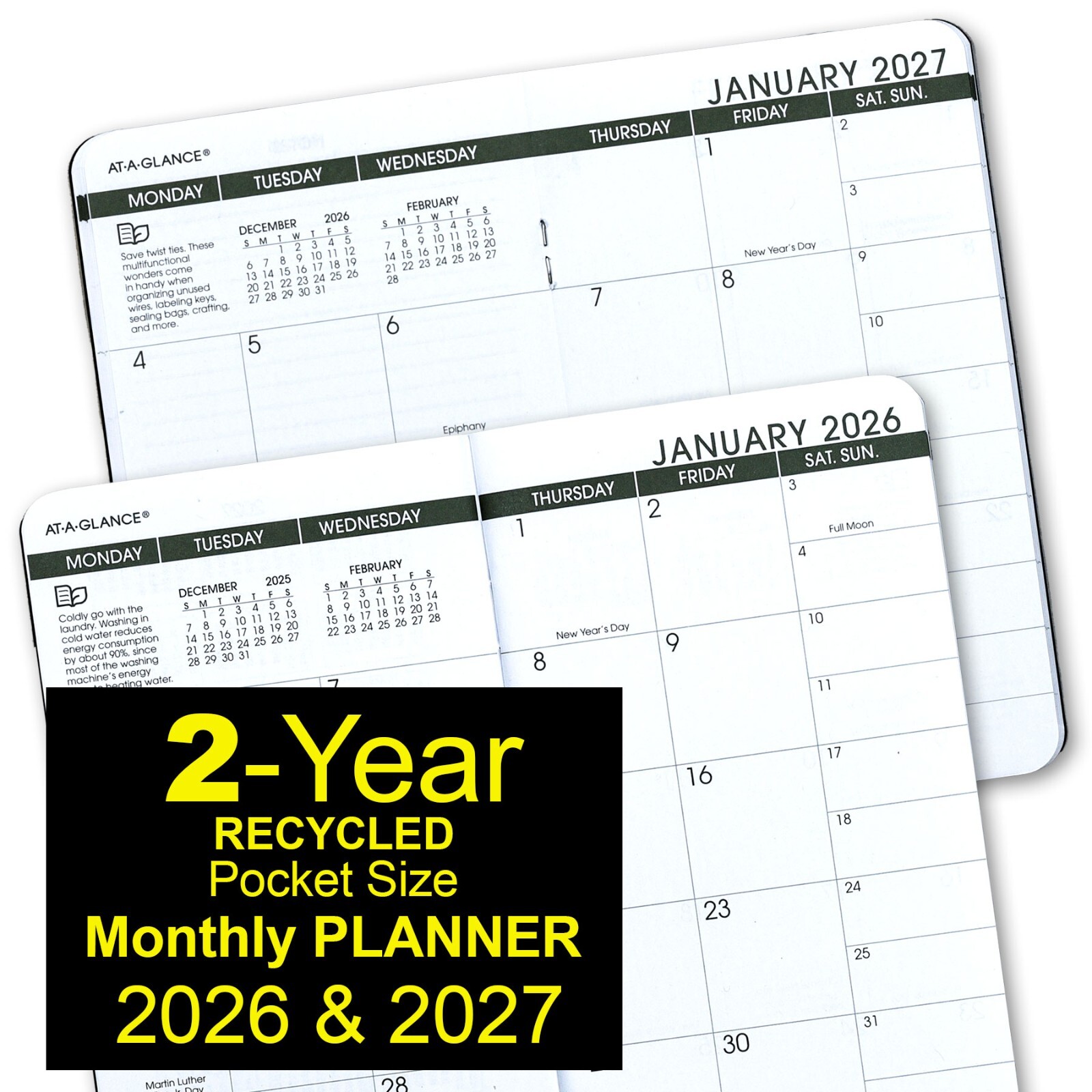 2026 & 2027 At-A-Glance 70-024G 2-Year Recycled Monthly Planner, 3-1/2 x 6-1/8″