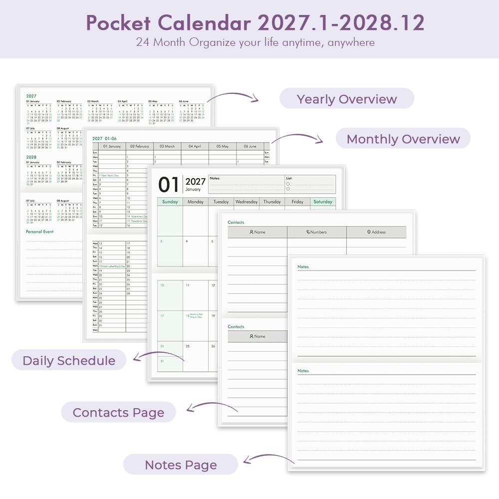 Pocket Calendar 2027-2028 for Purse, Small Pocket Planner 2027-2028 for Purse 3.
