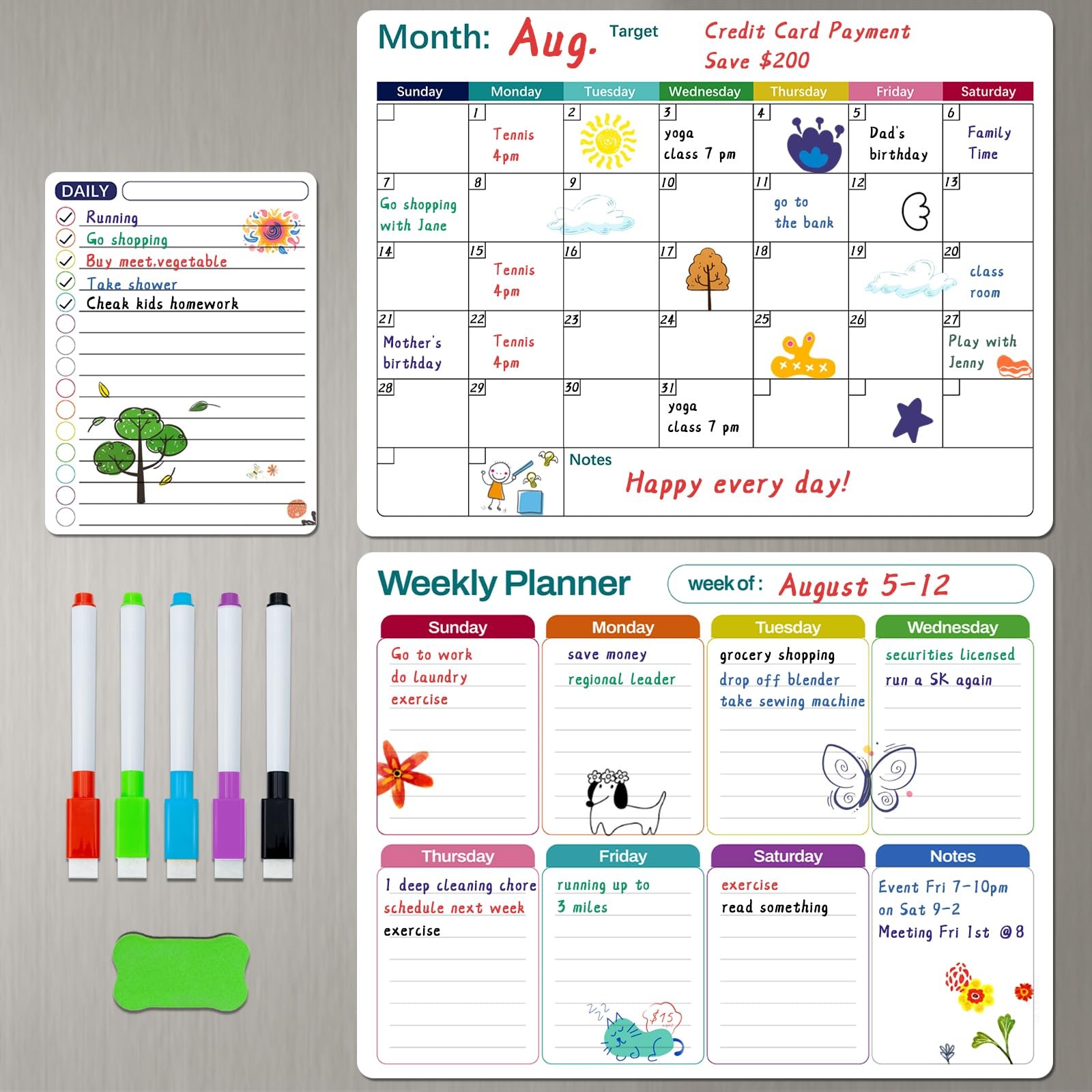 Magnetic Dry Erase Fridge Calendar Whiteboard Set,3 Pack 14.6″ x 11″ B