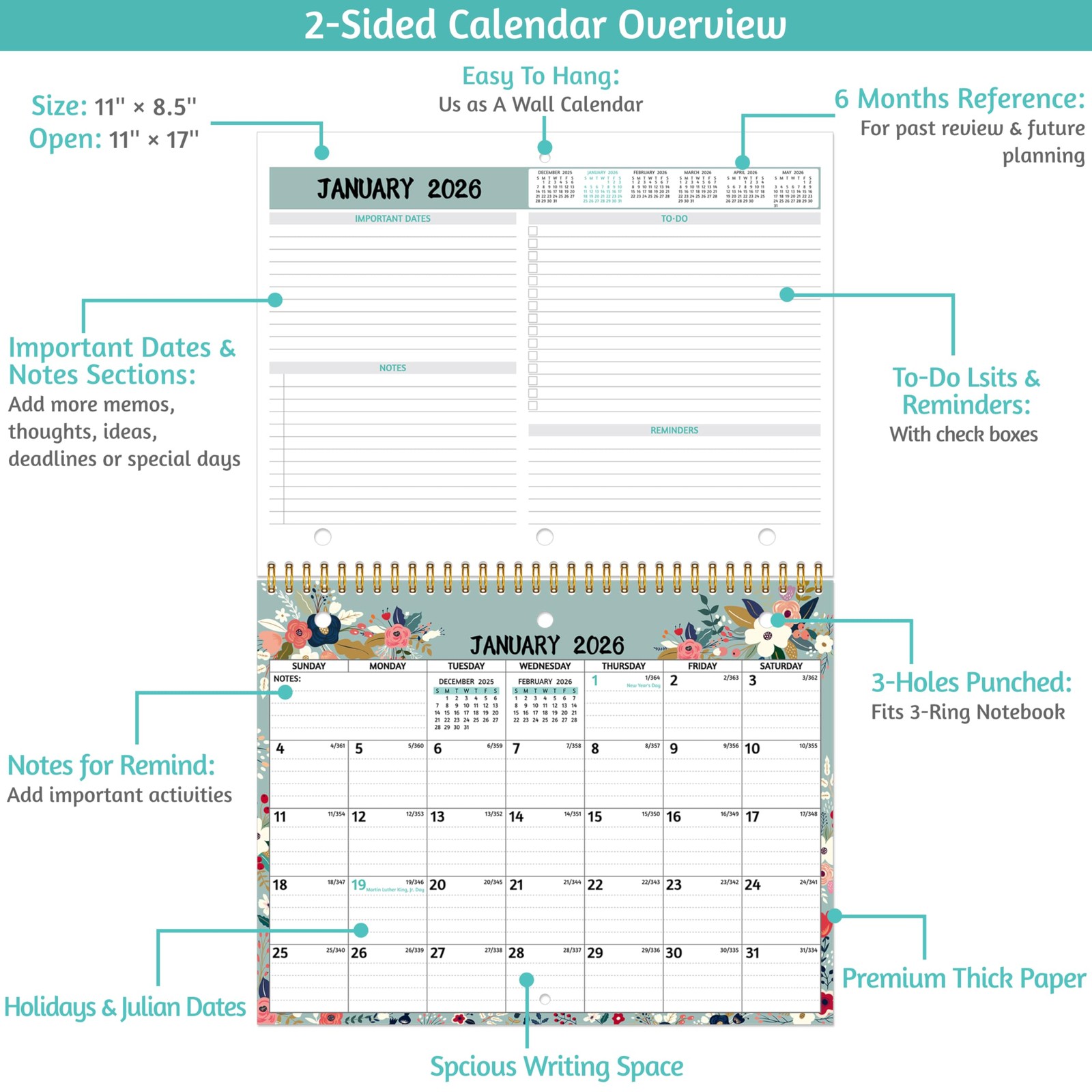 2026 Calendar – 2026 Wall Calendar, 11 x 8.5 In, Jan 2026 – Dec 2026, Small…