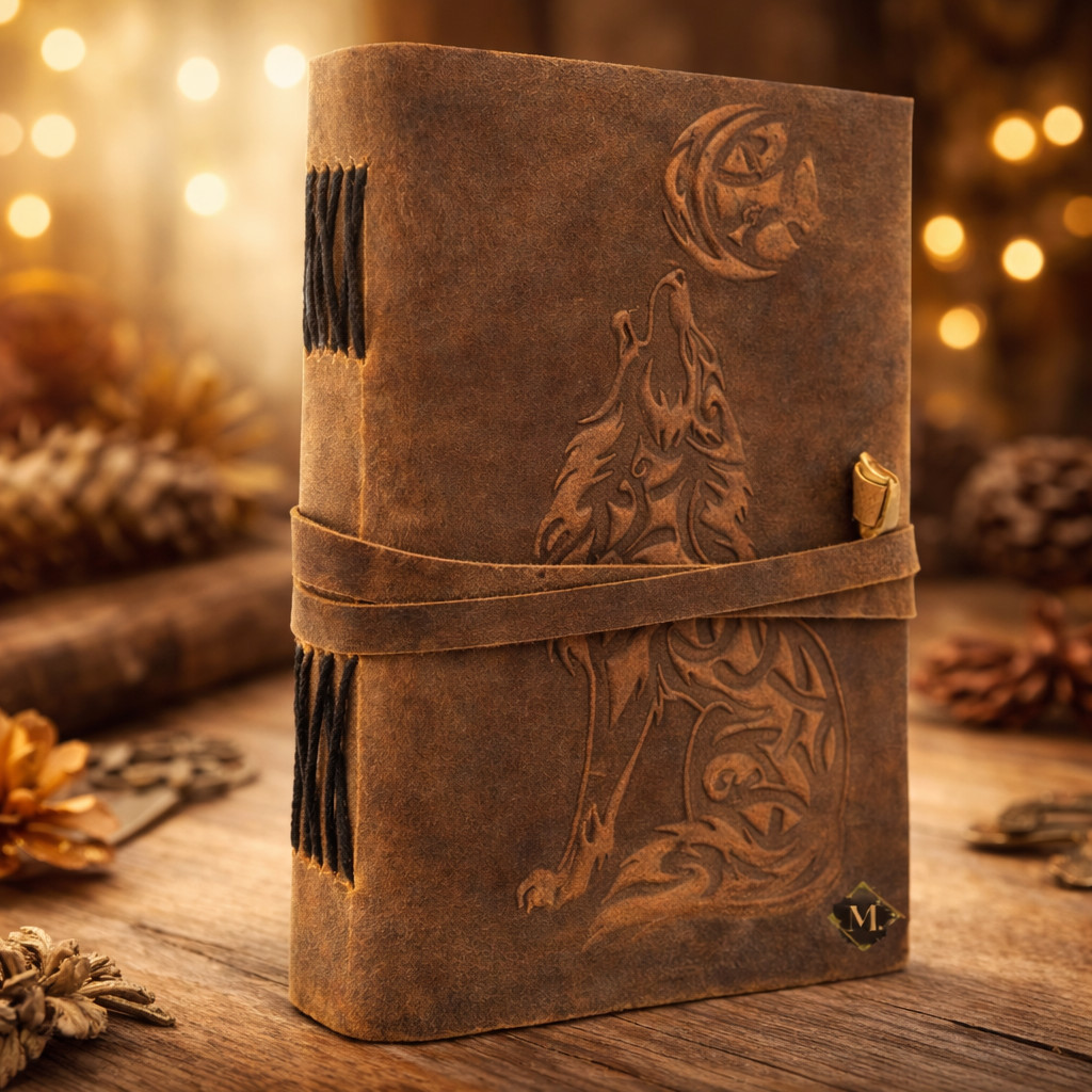 Leather Journal Handmade 7×5″ Wolf Embossed Diary | 200 Unlined Blank Pages