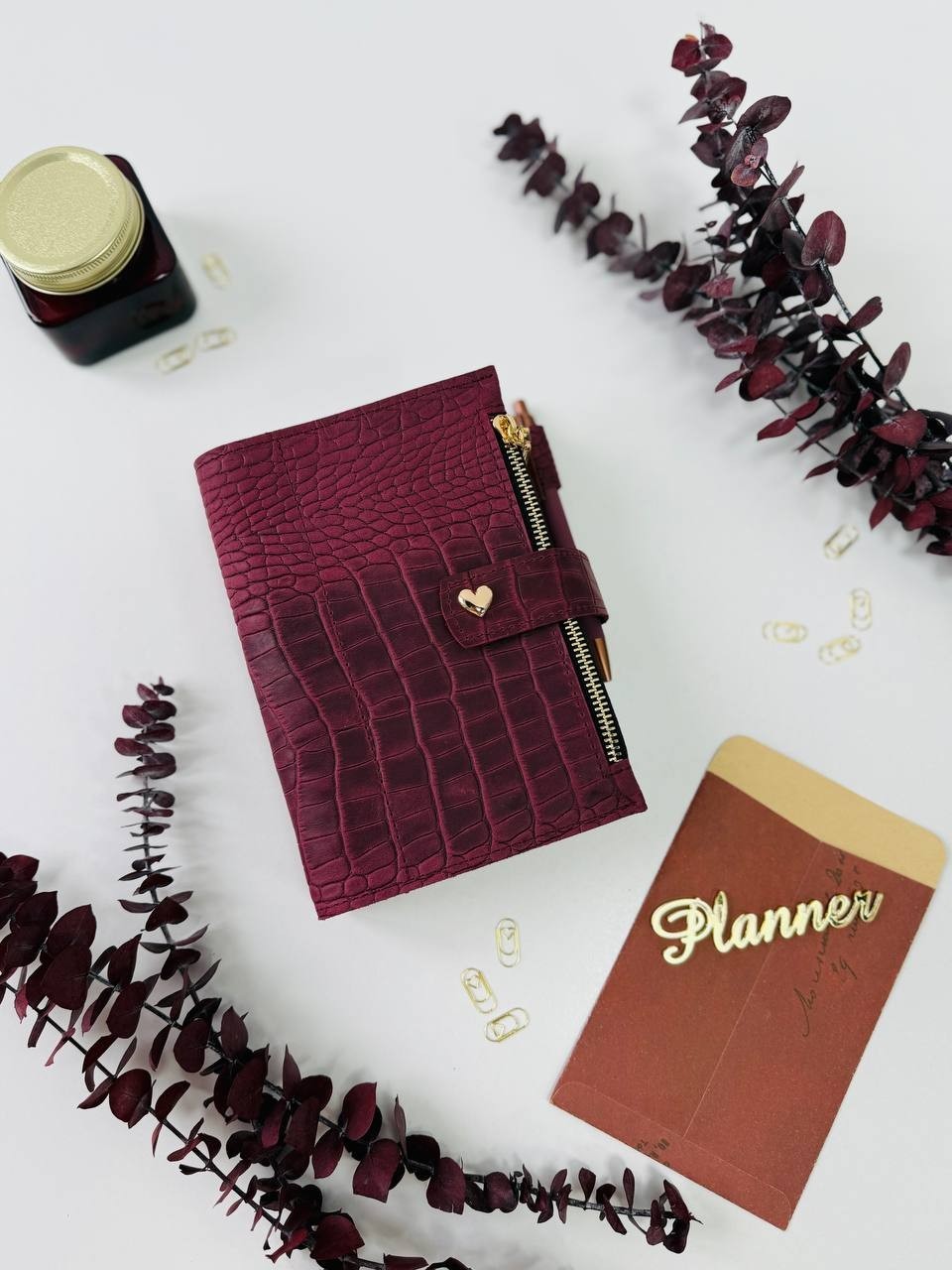 Burgundy A6 leather notebook cover binder 6-Rings. Dated planner gift for her.