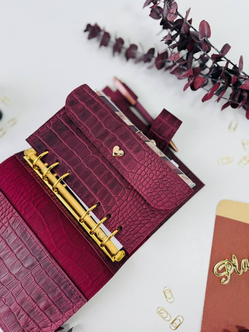 Burgundy A6 leather notebook cover binder 6-Rings. Dated planner gift for her.